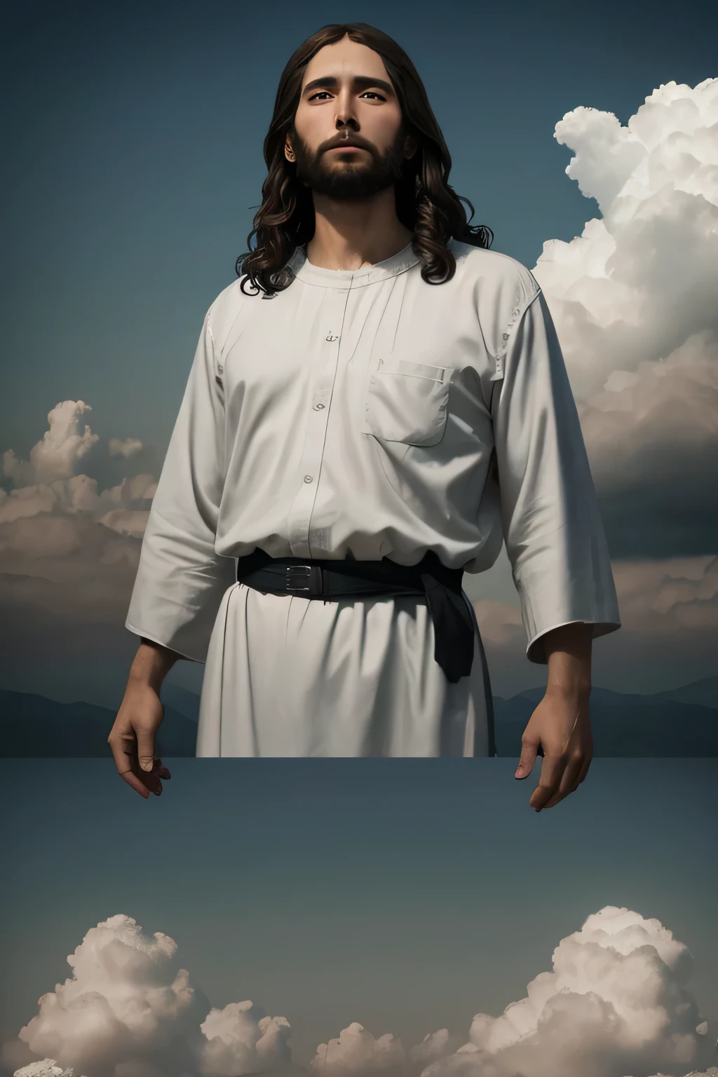Jesus flutuando no ar no topo das nuvens com raios pelas nuvens, Surrealism, 8k, super detail