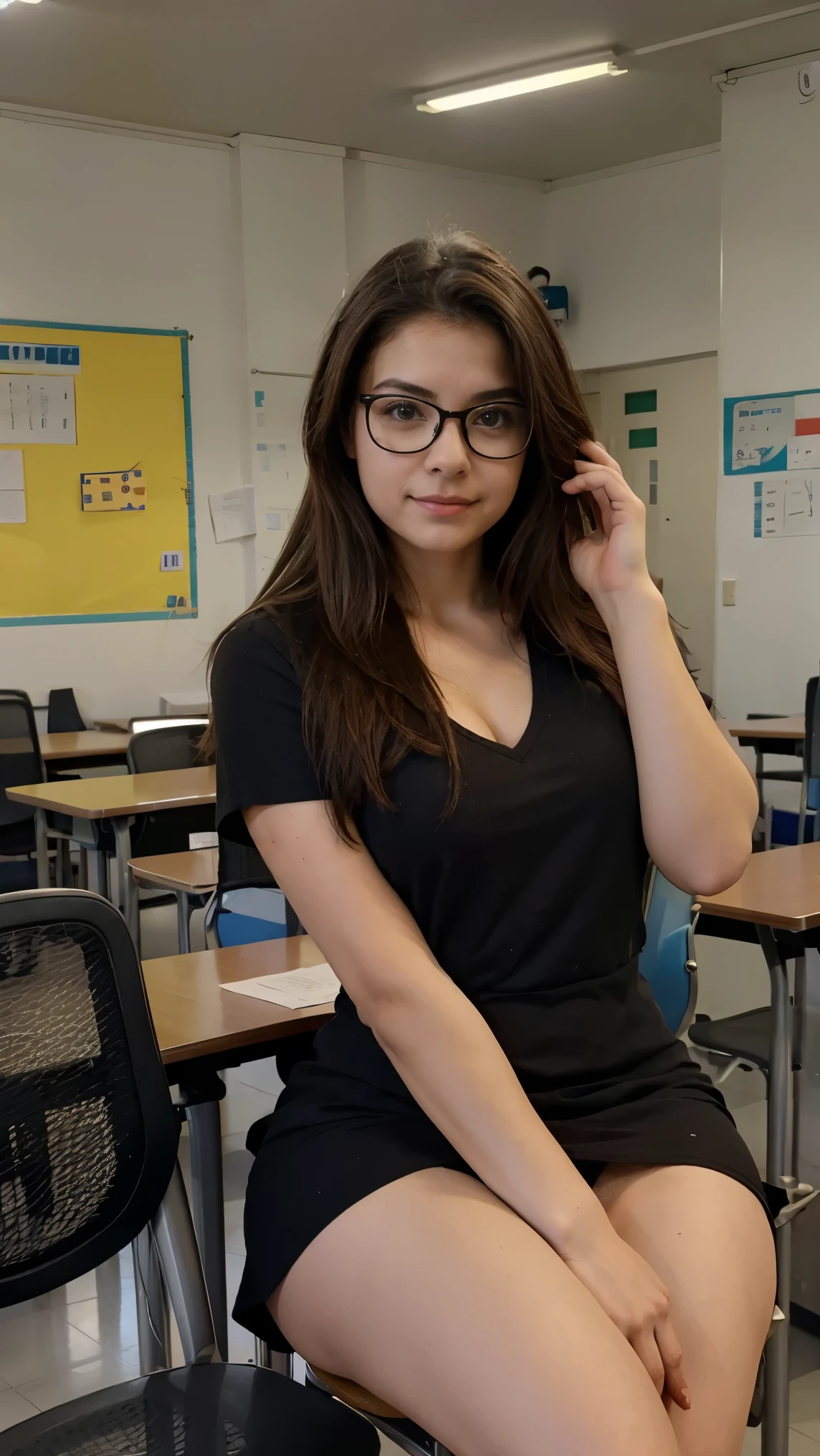 there is a woman sitting on a chair na sala de aula, a hyperestudante realista, hyperestudante realista, colegial fofa, estudante realista, da escola, with glasses, na sala de aula, assunto completo na foto, vestido como , with glasses on, sentado na sala de aula, olhando sedutoramente para frente, with glasses quadrados nsfw