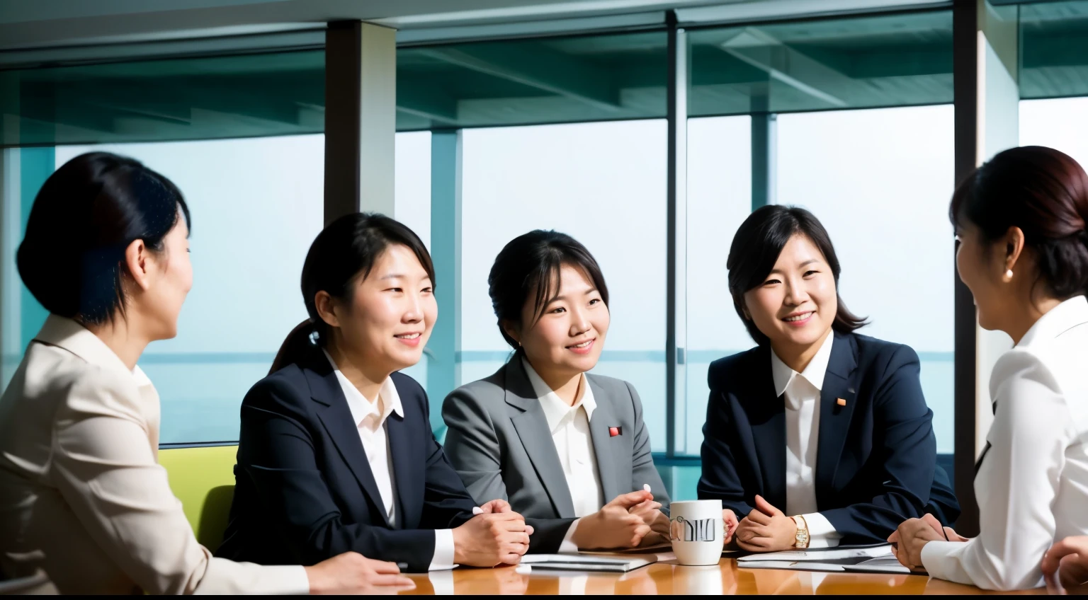 instagram photos, Group of Japanese businesswomen discussing at a meeting, Cooperative, concentrated, Nikon D850 24-120mm f/4 lens, Meeting room lighting, Corporate Event Photography