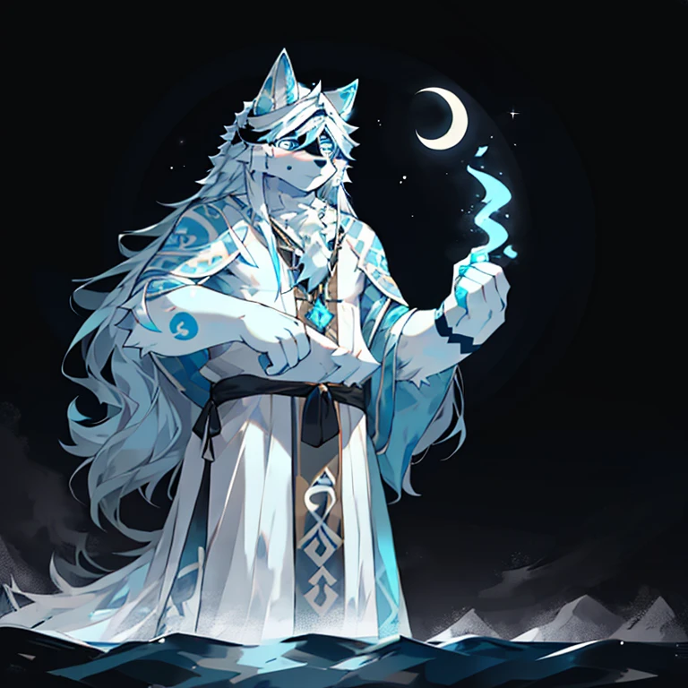 light blue and white wolf，hairy，long hair，His eyes were covered with black cloth，There is a crescent moon behind，standing on water，Handsome，Runes float beside，Fingers holding ice butterfly。