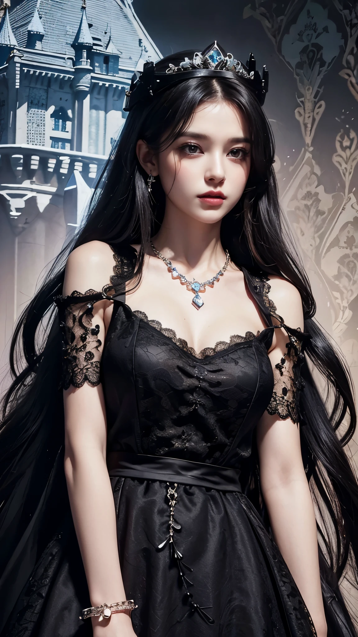 8K, ultra HD, masterpiece, realistic, 1 girl, good face, smoggy makeup, very long hair, princess hairstyle, detailed eyes, detailed lips, medium figure, very detailed dress, (black dress:1.5), (strap:1.5), (lace:1.5), (net stocking:1), (jewelry:1.8), (princess castle background:1.5), water, bloom lighting, night lighting, darkness,