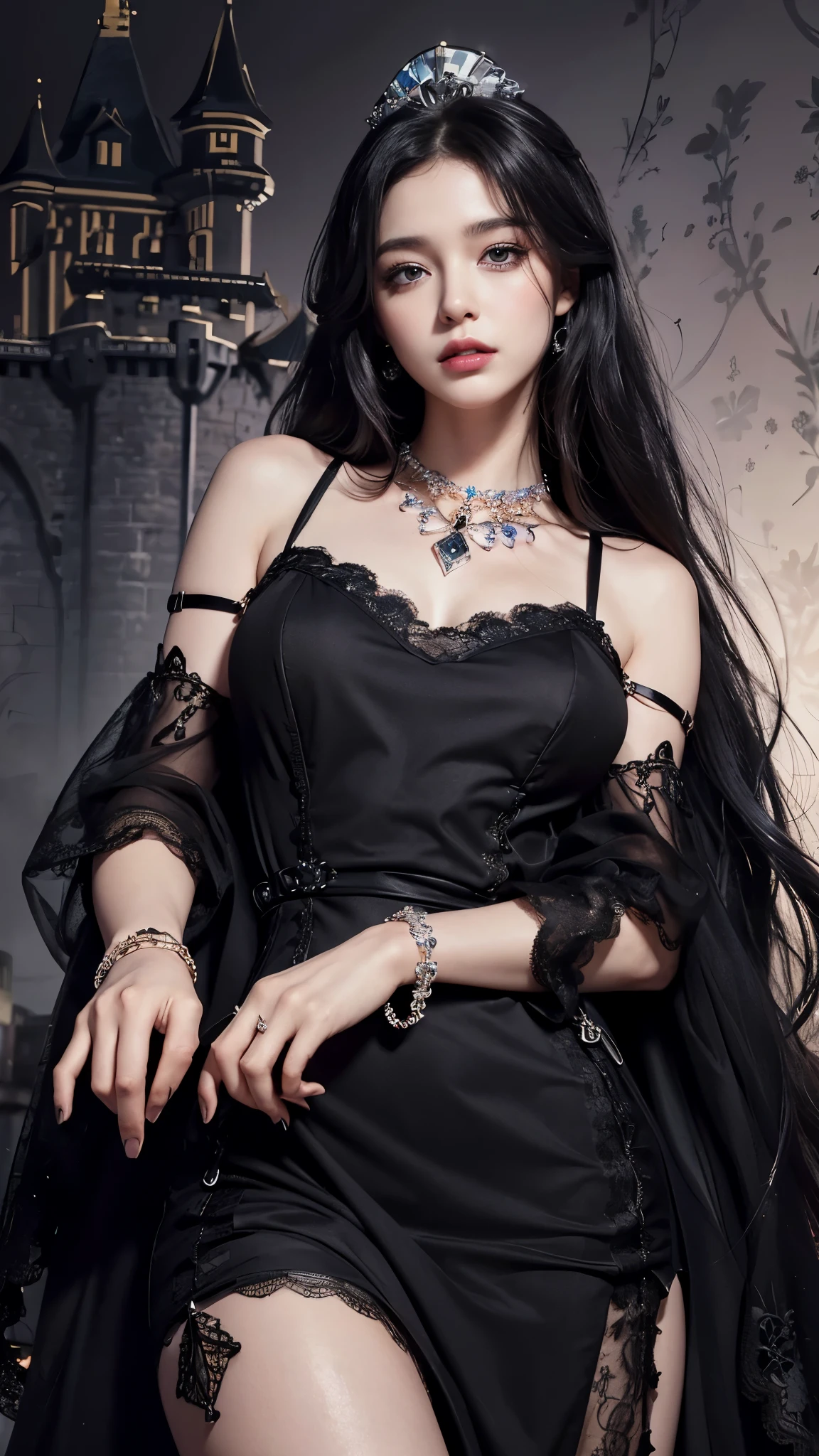 8K, ultra HD, masterpiece, realistic, 1 girl, good face, smoggy makeup, very long hair, princess hairstyle, detailed eyes, detailed lips, medium figure, very detailed dress, (black dress:1.5), (strap:1.5), (lace:1.5), (net stocking:1), (jewelry:1.8), (princess castle background:1.5), water, bloom lighting, night lighting, darkness,