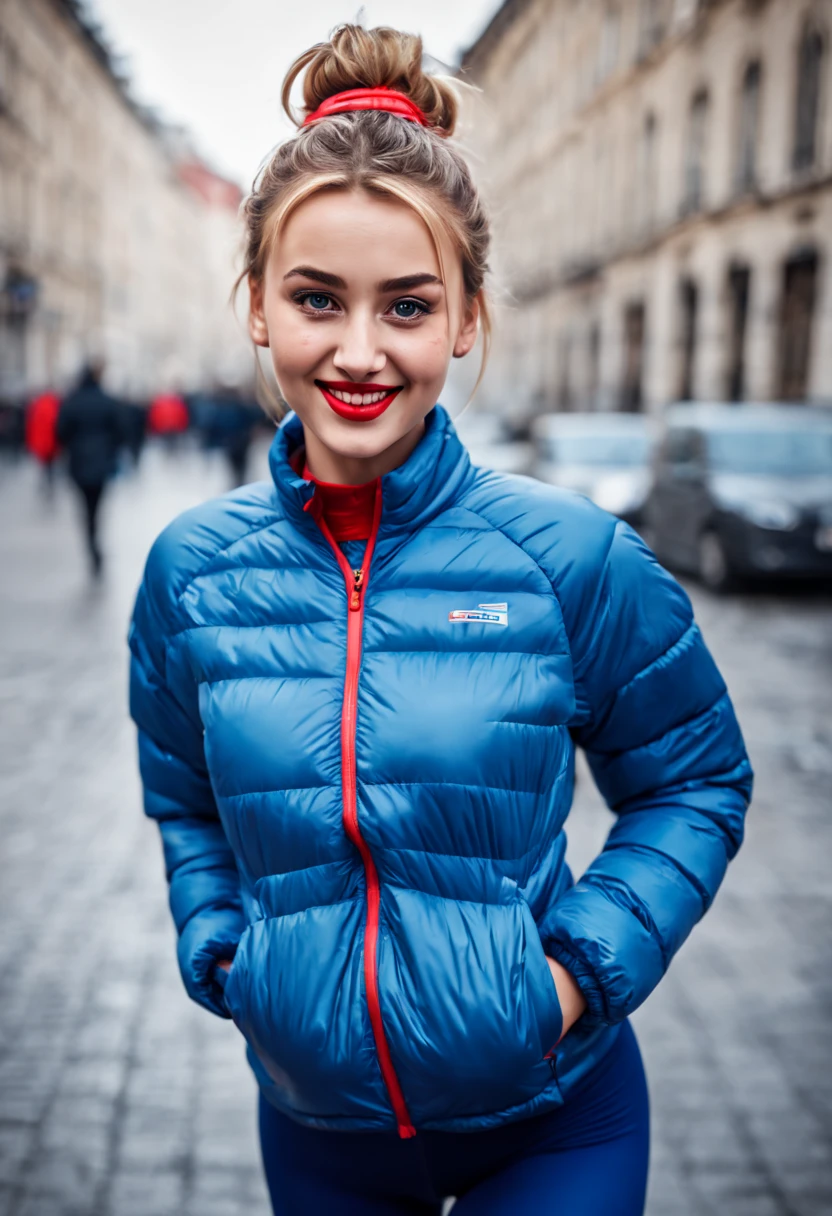 ultrarealistic high quality photo of a beautiful young tall busty european teen girl with cute face and natural blonde messy bun and beautiful embarrassed smile, realistic eyes, freckles, glossy red lips, smokey eyes makeup, wearing blue running tights and small multicolored padded jacket, full body street photography