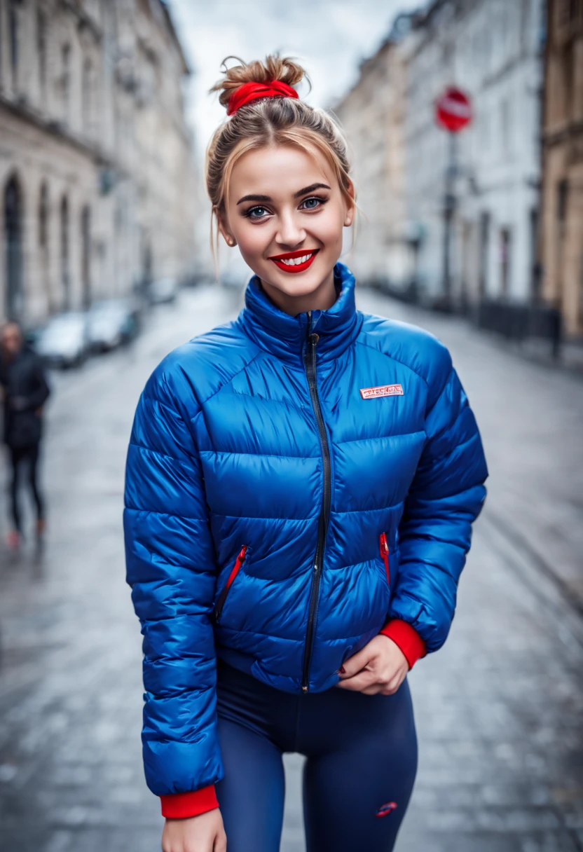 ultrarealistic high quality photo of a beautiful young tall busty european teen girl with cute face and natural blonde messy bun and beautiful embarrassed smile, realistic eyes, freckles, glossy red lips, smokey eyes makeup, wearing blue running tights and small multicolored shimmering padded jacket, full body street photography