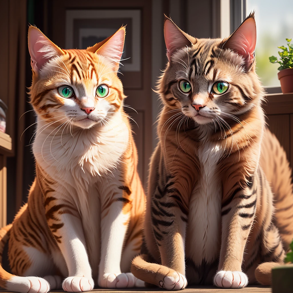 In the magnificently crafted image, a mesmerizing cat is showcased, boasting best quality, ultra-detailed and high-resolution (1.2) visuals. The cat's fur is depicted with vivid colors, showcasing a photorealistic representation of its orange coat. The striking contrast of its beautiful green eyes against the orange fur creates an enchanting appeal. Soft sunlight surrounds the scene, creating a warm and cozy atmosphere.
The cat is captured in a natural pose, sitting and looking directly at the viewer with its vivid, curious and playful expression. Its fine whiskers and sharp claws are meticulously rendered, adding to the adorable and fluffy