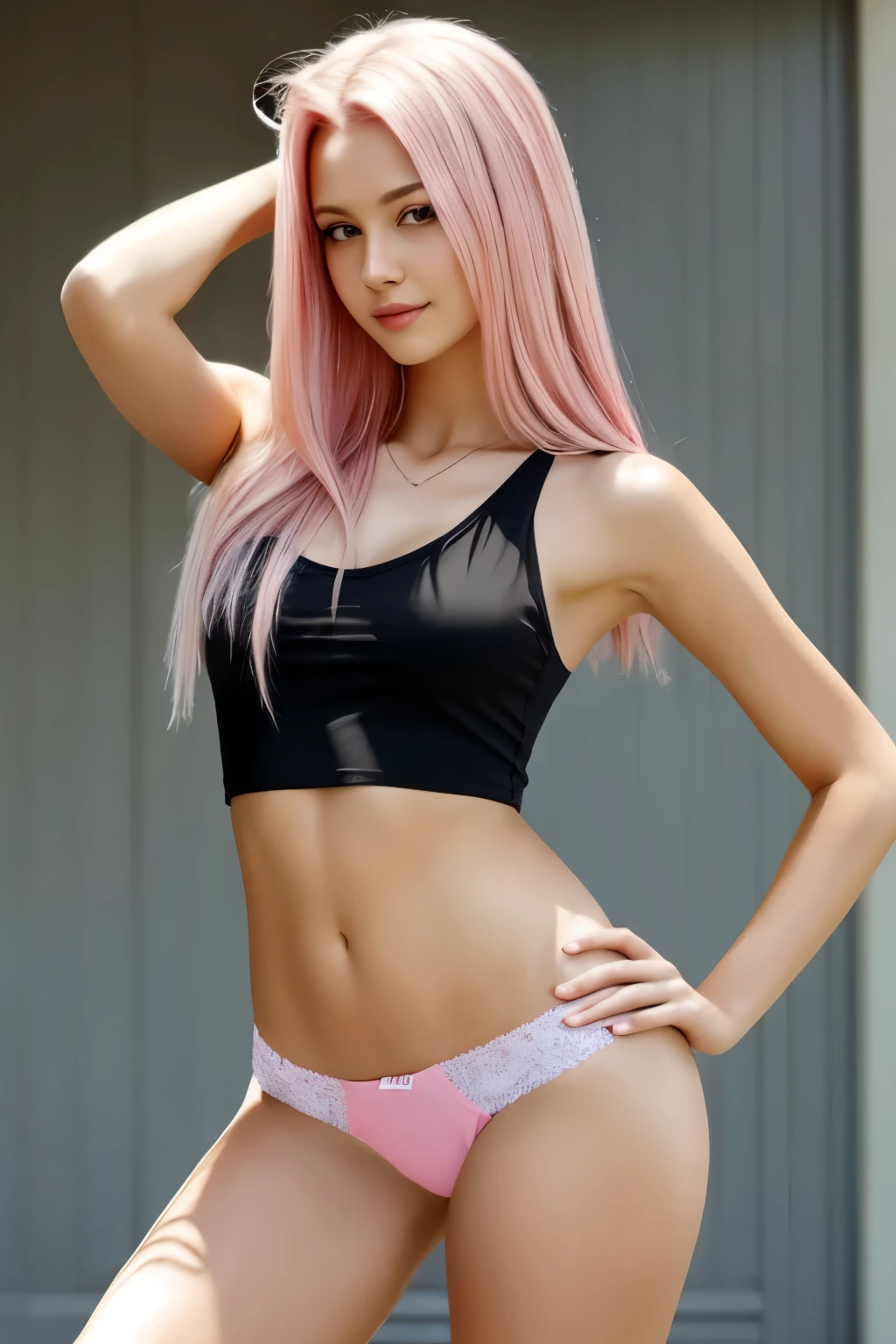 Very slim young woman with long pink hair stands at her full height, exuding cuteness in a black tank top. The straps of the tank top rest delicately on her shoulders, revealing the length and shine of her pink hair. The natural light illuminates her smooth, pale complexion, subtly highlighting the curves of her figure. Her bright, expressive eyes add a playful spark to her adorable features, making for a captivating and charming portrait.