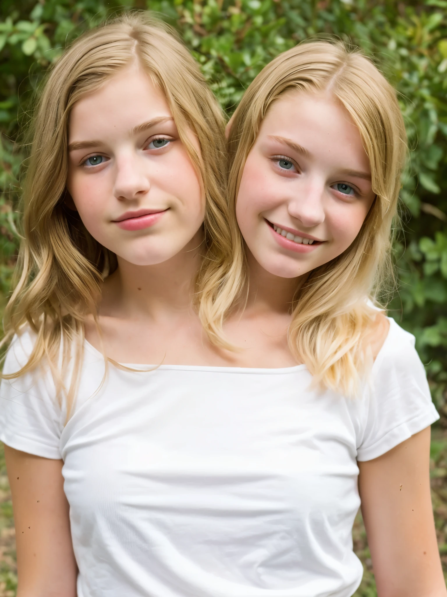 2heads, two headed girl, (9 year old girl:1.5), (female:1.5), (blonde:1.5), (two heads attached to one body:1.4), conjoined twins, heads side by side, one torso, young, uncomfortable, barefoot