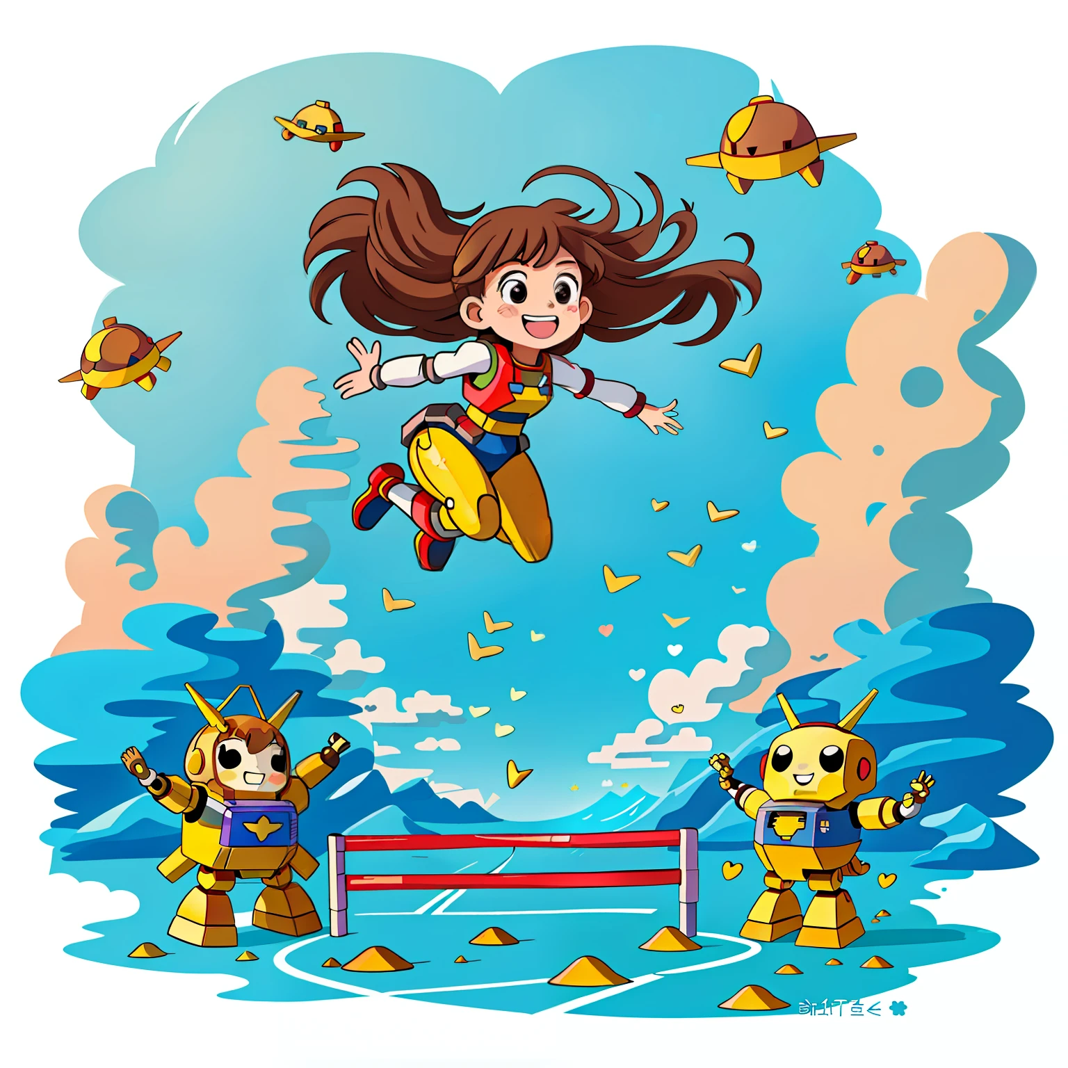 Girl with long brown hair,Put on the Gundam Robot Suit,hurdle race(high jump hurdles)(in the sea of clouds),(There is love)happy,Surrounded by love,Surrounded by love,O sign,vector,line art,design,inspiration,straight line,RHAD