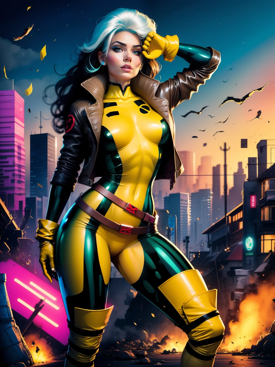 (((COMIC STYLE, CARTOON ART))), cinematic. 01 girl, solo, lonly, ****, A comic-style image of Rogue member of the X-Men (((posing SESUALLY for the photo))), look at the camera, sesual pose.  A woman with brown hair with a white streak, green eyes and special gloves.  She wears her traditional attire with a brown leather jacket. slim body, (((Slim Hot body, sexy, sensual, camel toes ))), (((Camel Toes))). Detailed, detailed face, intricate, glowing. (((Cinematic destroyed city in background))), depth of field background.