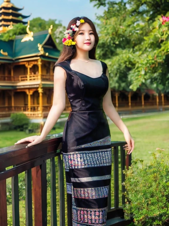 masterpiece, best quality, girl, solo, ((mature female)),, long hair, hair, princess, black dress(dress) (golden dress) fantasy, happy, looking at viewer, cartoon, anime, (oil painting)Burmese girl, 18 years old, Bagan pagoda view background, clear Hd 8k