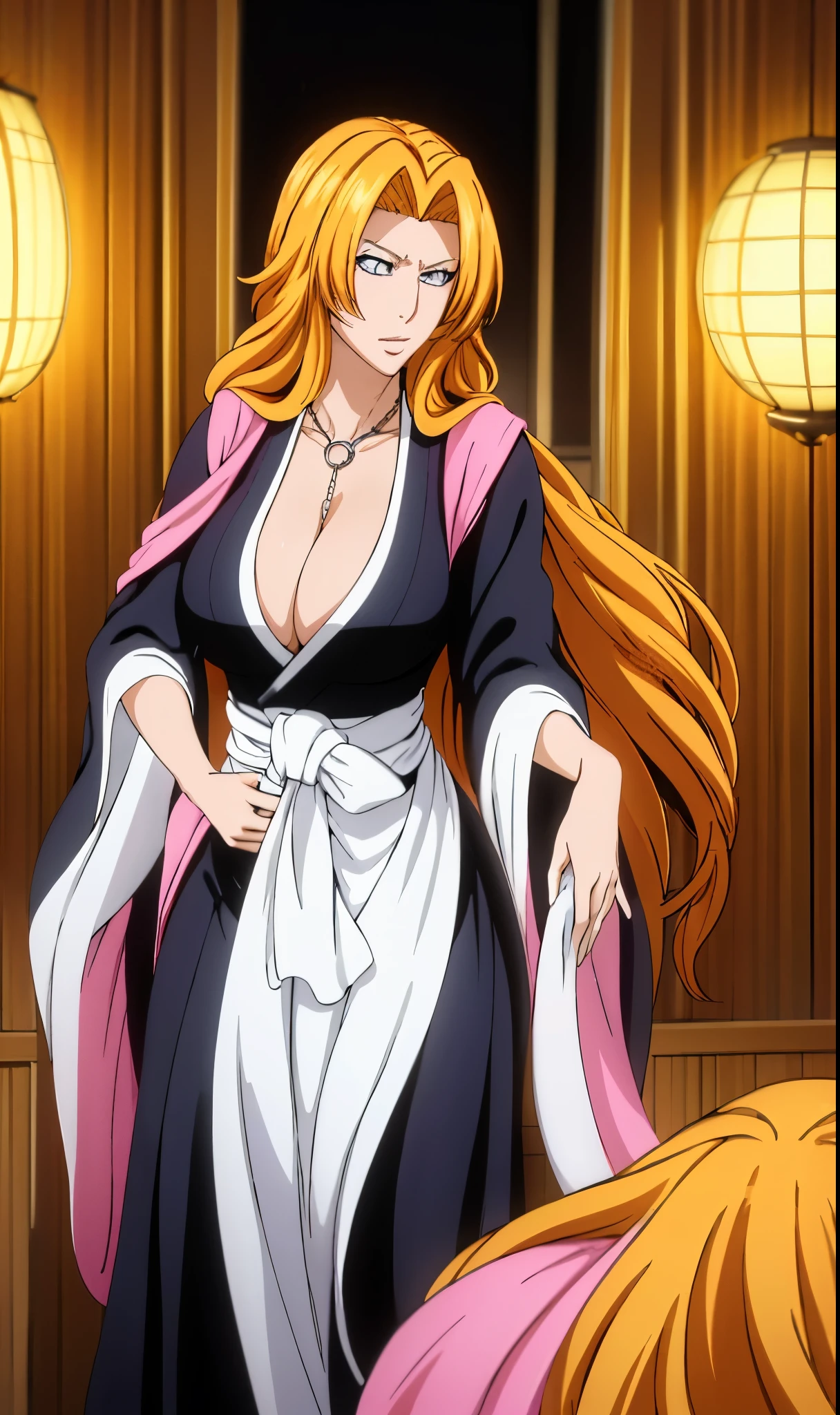 (Front_face), Simple White Background, Matsumoto Rangiku,  rangiku matsumoto, long hair, (blue eyes:1.5), orange hair, mole, mole under mouth, parted bangs,
green dress,collarbone, cleavage,
blue eyes, blonde hair,bangs,Long_hair,single braid, Simple White Background,
 black shirt,kimono, japanese clothes, collarbone, cleavage, 
jewelry, necklace, 
blue eyes, Blonde hair,bangs,Long_hair,
1 girl, 20yo,Young female,Beautiful Finger,Beautiful long legs,Beautiful body,
Beautiful Nose,Beautiful character design, perfect eyes, perfect face,expressive eyes,perfect balance,
looking at viewer,(Focus on her face),closed mouth, (innocent_big_eyes:1.0),(Light_Smile:0.3),
official art,extremely detailed CG unity 8k wallpaper, perfect lighting,Colorful, Bright_Front_face_Lighting,White skin,
(masterpiece:1.0),(best_quality:1.0), ultra high res,4K,ultra-detailed,
photography, 8K, HDR, highres, absurdres:1.2, Kodak portra 400, film grain, blurry background, bokeh:1.2, lens flare, (vibrant_color:1.2),professional photograph,
(Beautiful,large_Breasts:1.4), (beautiful_face:1.5),(narrow_waist),