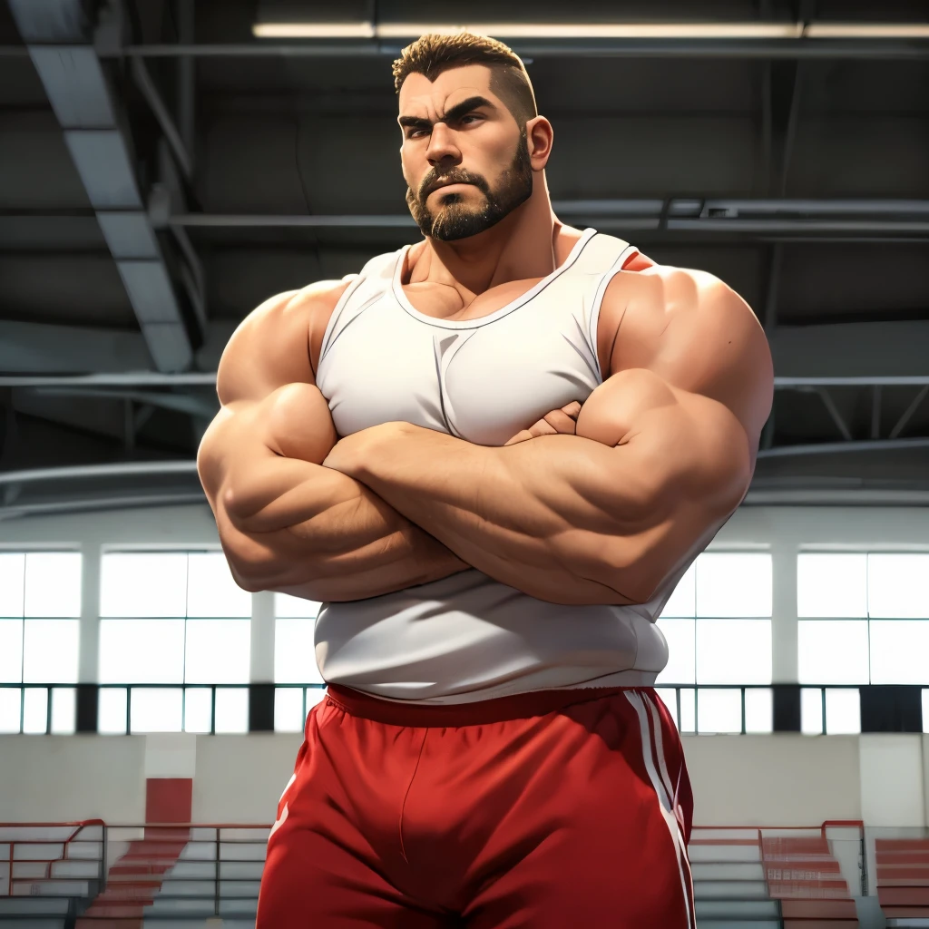 (highest quality:1.5), (masterpiece:1.5), (High school gymnasium:1.2), (Japanese:1.5), round face, short beard, solo, (white tank top:1.1), red jersey pants, male, (macho:1.3), (huge body:1.5), 42 years old, crew cut, displeased look, Are standing, (arms crossed:1.2), (looking away:1.4)