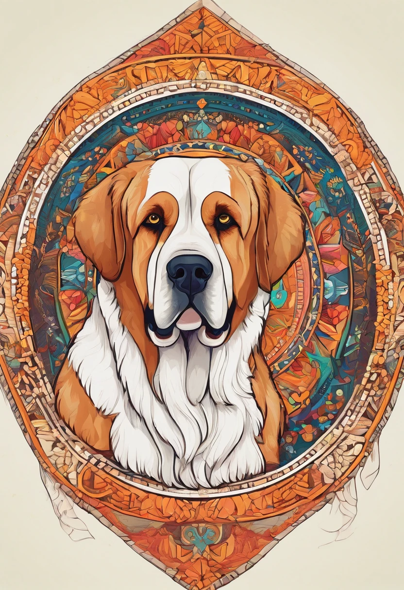 Bright color painting of a mandala with a simple and cute Saint Bernard motif