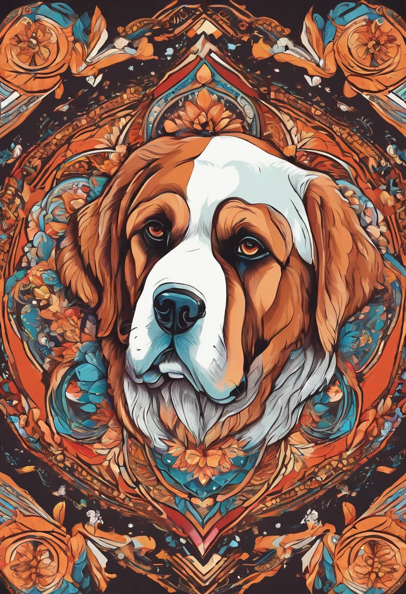 Bright color painting of a mandala with a simple and cute Saint Bernard motif