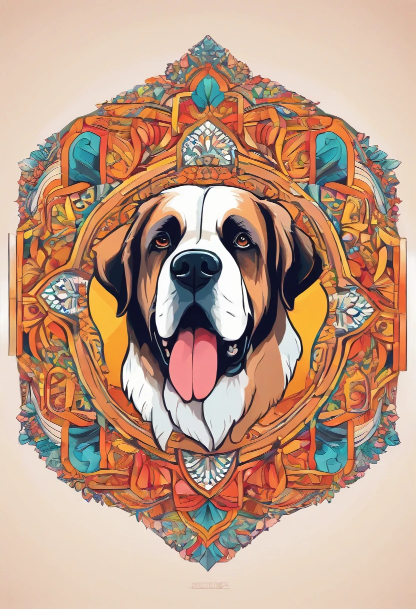 Bright color painting of a mandala with a simple and cute Saint Bernard motif