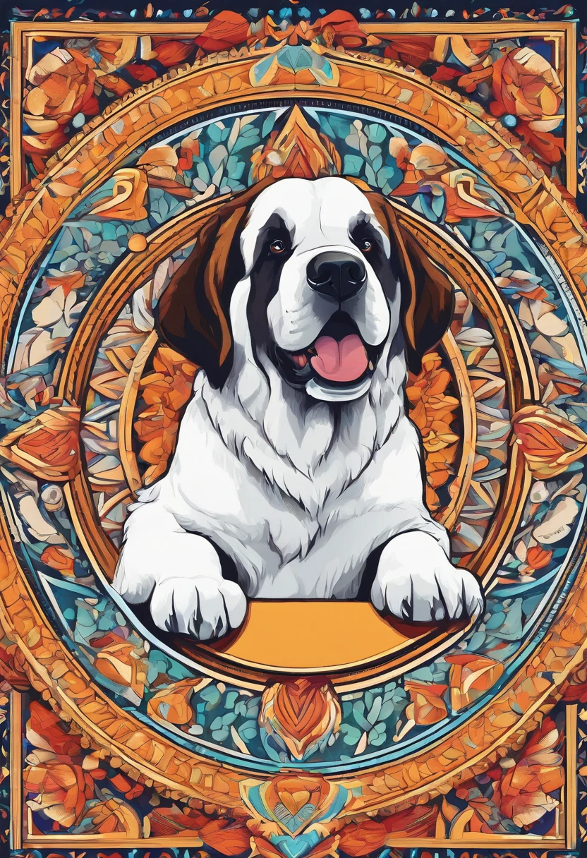 Bright color painting of a mandala with a simple and cute Saint Bernard motif