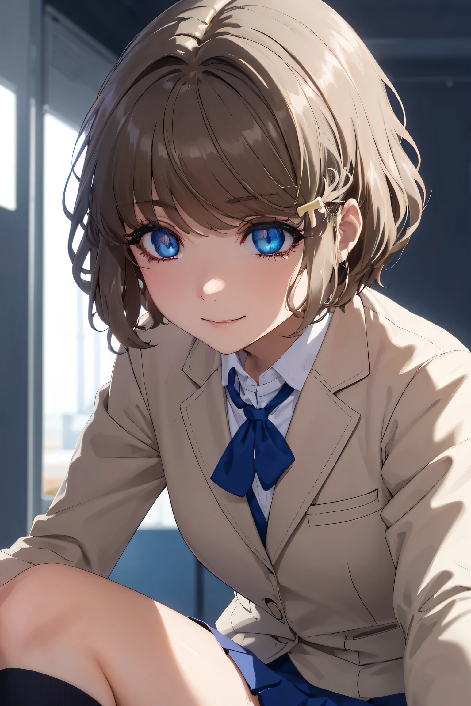 tomoekoga, tomoe koga, short hair, brown hair, blue eyes, hair clip,
BREAK (school uniform, white shirt, collared shirt, blazer, black blazer, long sleeves, skirt, blue skirt, kneehighs:1.2)
BREAK at stage
BREAK Smile in public, Idle Pose, refer5Boken
BREAK (masterpiece:1.2), best quality, high resolution, unity 8k wallpaper, (illustration:0.8), (beautiful detailed eyes:1.6), extremely detailed face, perfect lighting, extremely detailed CG, (perfect hands, perfect anatomy),