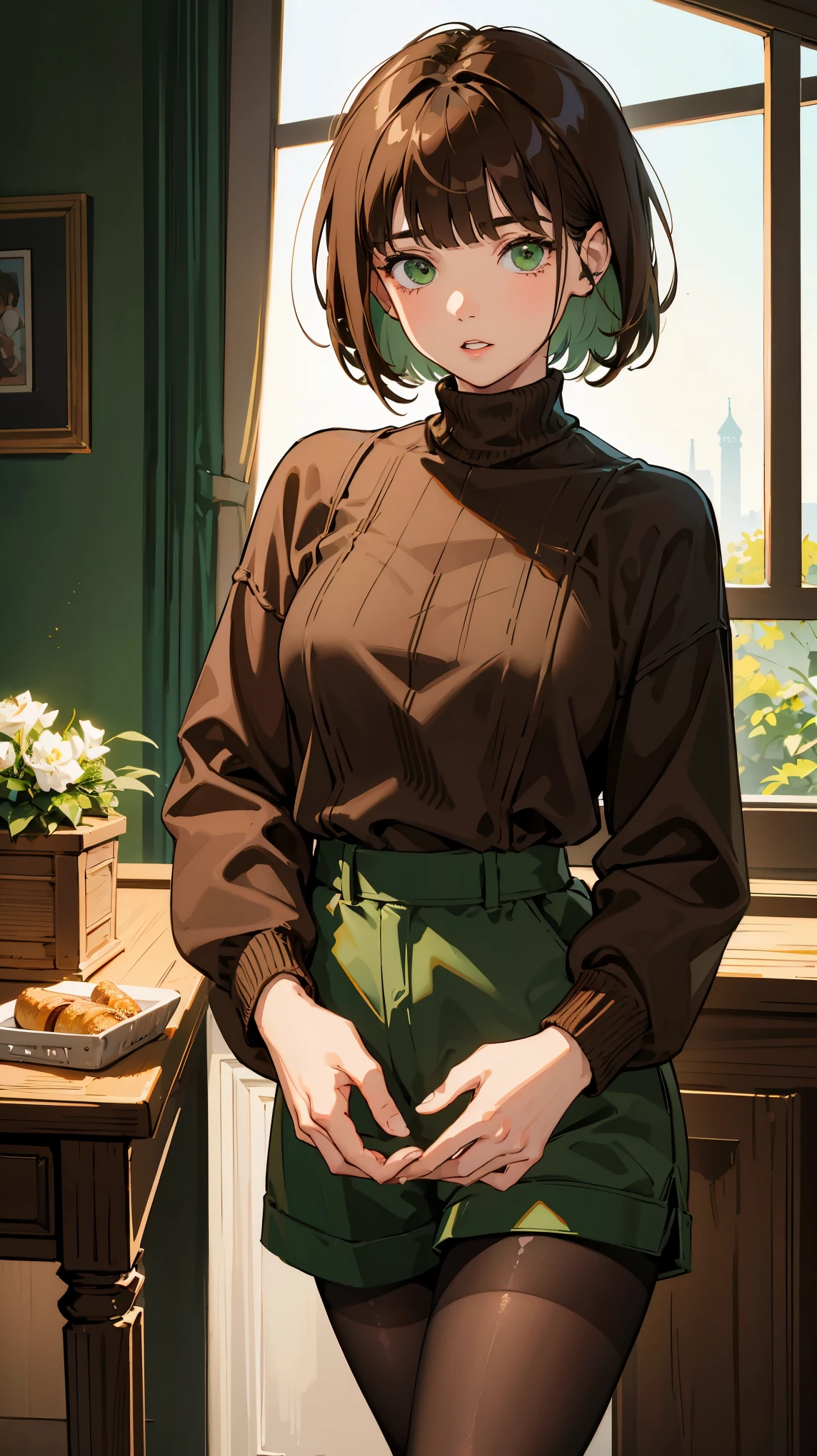1girl, brown hair, short hair, blunt bangs, green eyes, brown sweater, parted lips, dark brown shorts, black pantyhose, cute, masterpiece