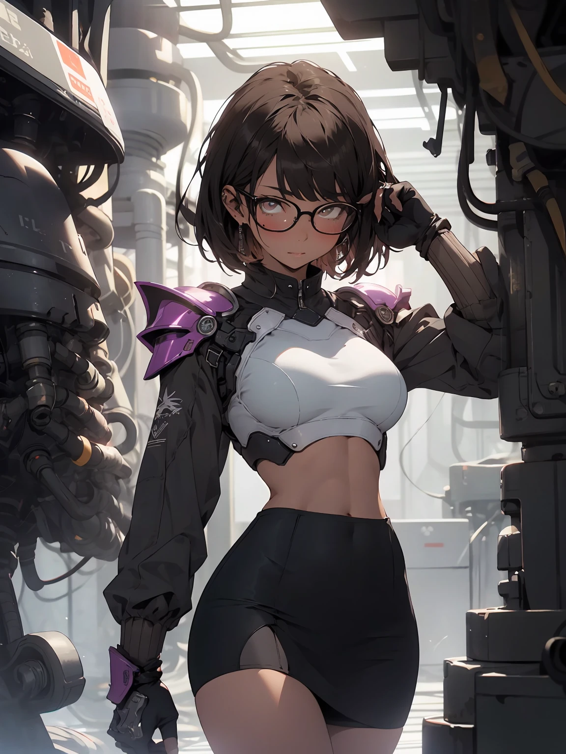 make it realistic,(masterpiece,highest quality,optimal quality,very detailed,fractal art,most detailed,(background is abstract:1.5)(1 girl),look up,Glasses,dark brown short hair,(shortcut),(glowing brown eyes),big breasts,toned abdominal muscles、crystallization,high leotard,sexy,machine armor、(office wear blazer、black pencil skirt、)
