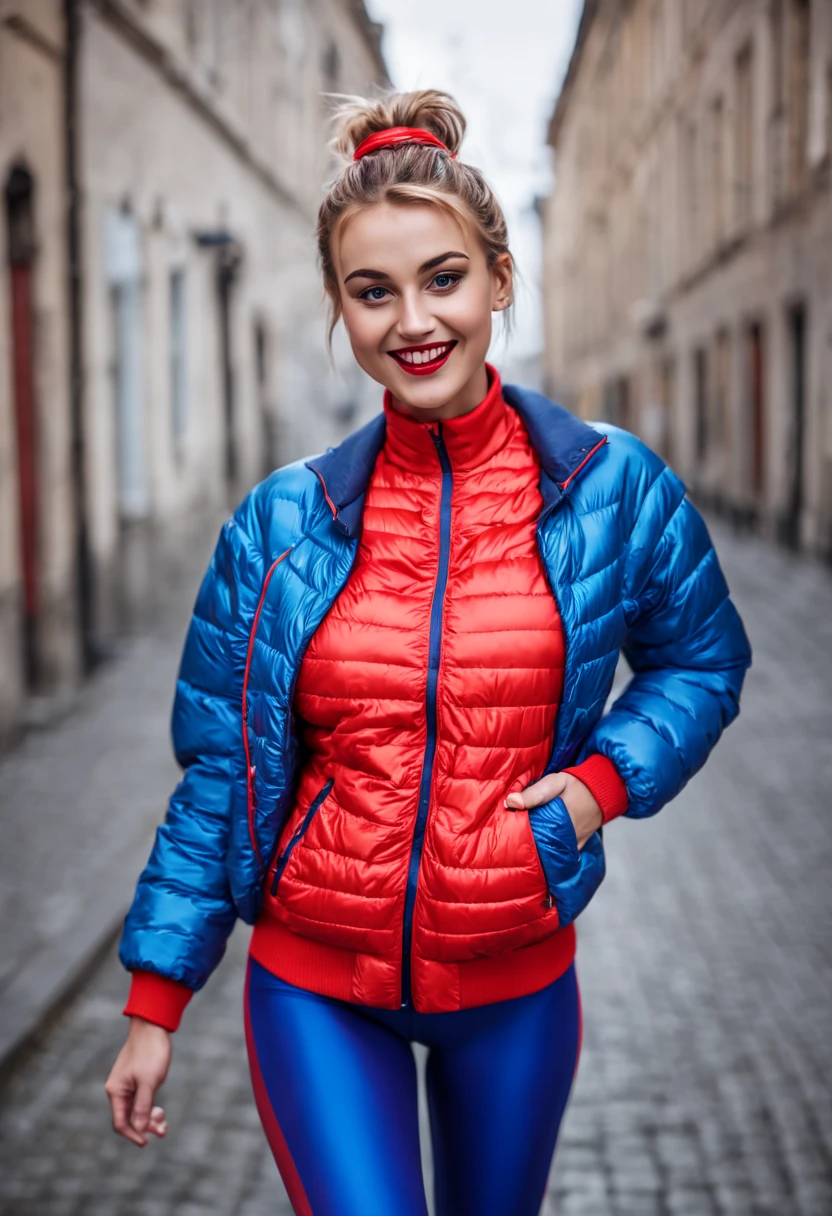 ultrarealistic high quality photo of a beautiful young tall busty european  girl with cute face and natural blonde messy bun and beautiful embarrassed smile, realistic eyes, freckles, glossy red lips, smokey eyes makeup, wearing blue running tights and small multicolored shimmering padded jacket, full body street photography