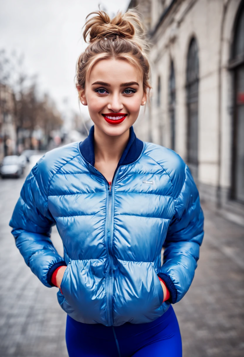 ultrarealistic high quality photo of a beautiful young tall busty european teen girl with cute face and natural blonde messy bun and beautiful embarrassed smile, realistic eyes, freckles, glossy red lips, smokey eyes makeup, wearing blue running tights and small multicolored shimmering padded jacket, full body street photography