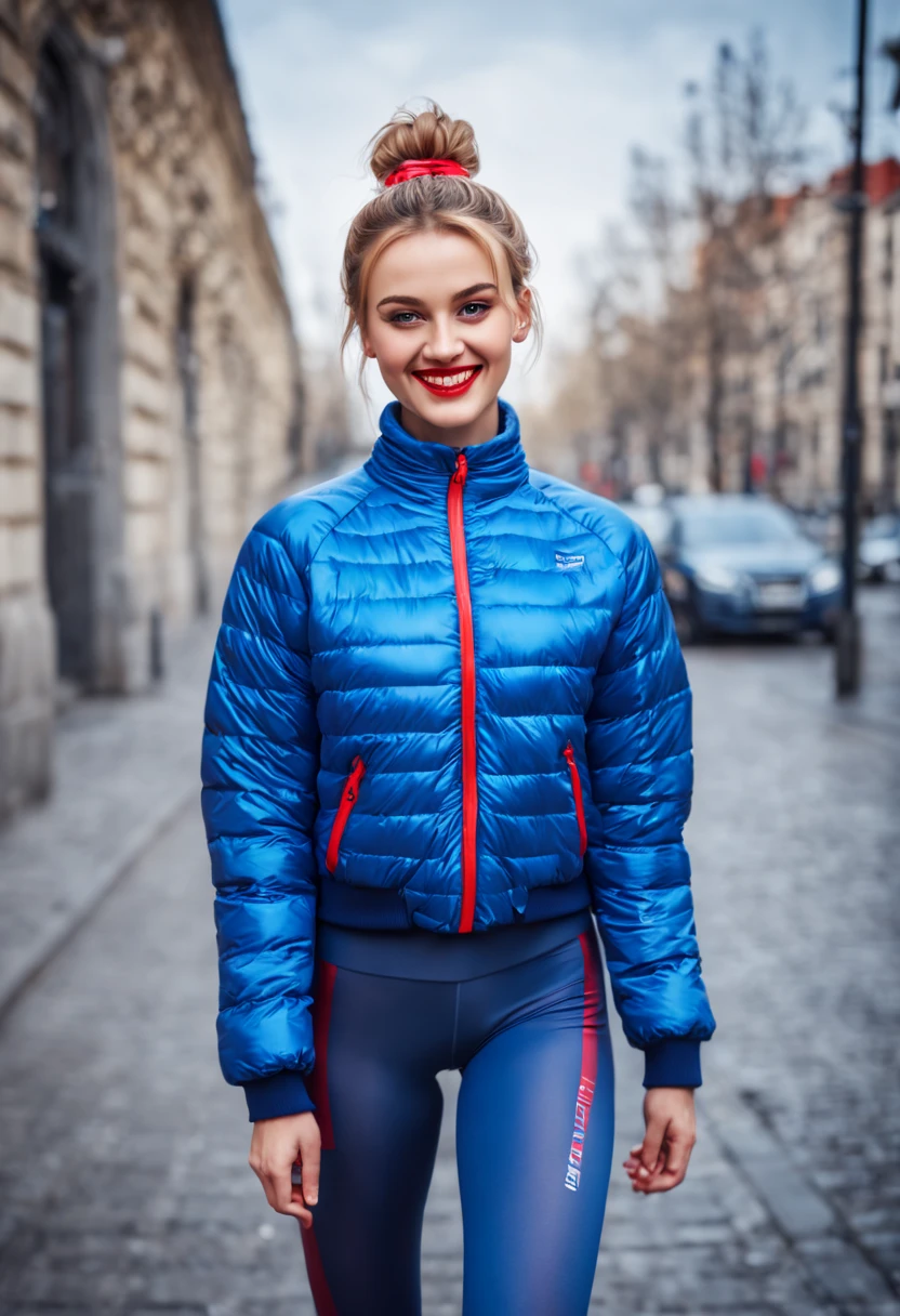 ultrarealistic high quality photo of a beautiful young tall busty european girl with cute face and natural blonde messy bun and beautiful embarrassed smile, realistic eyes, freckles, glossy red lips, smokey eyes makeup, wearing blue running tights and small multicolored shimmering padded jacket, full body street photography