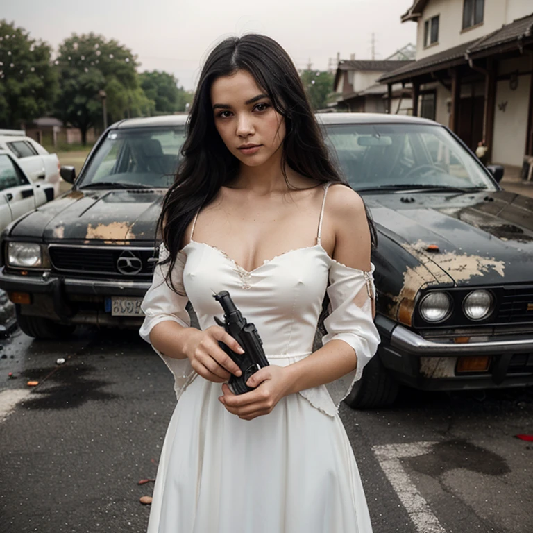 A beautiful girl no wear with long black hair stood up straight with a serious face and sharp gaze, in her right hand holding a gun and in her left hand holding a samurai, wearing a slightly worn white wedding dress and a few bloodstains on the bottom of the dress. The left sleeve of the dress appears torn, the background of the burning car is filled with bullet holes all over the car body..