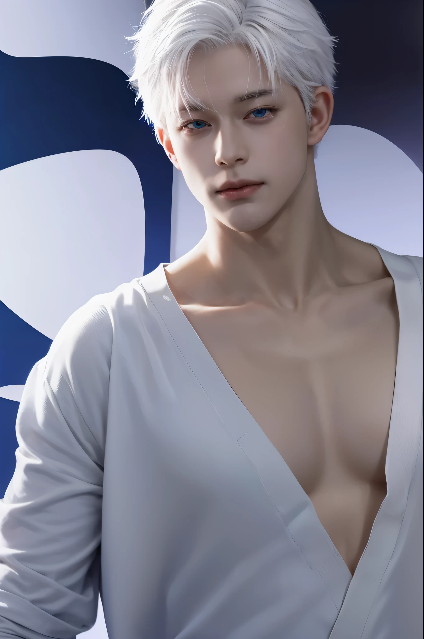gojo satoru from jujutsu kaisen, handsome man, white hair, blue eyes, realistic background in japanese style, realistic dark blue clothes, realistic clothes, detail clothes, ultra detail, realistic