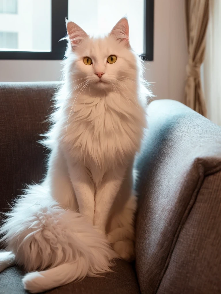 (A cute cat with an extremely fluffy white fur, subtly adorned with gray stripes, sits comfortably on a well-worn sofa in a cozy office setting), (Best quality: 1.2, 4K, high resolution: 1.1, masterpiece: 1.2), Ultra-detailed and realistic, (Photorealistic: 1.37), Soft and warm lighting, Instilling a sense of relaxation and professionalism, Vibrant colors that pop, Bokeh effect adding depth, The cat's curious and playful expression, Detailed fur texture that captures each strand, Calm and relaxed posture as it gazes