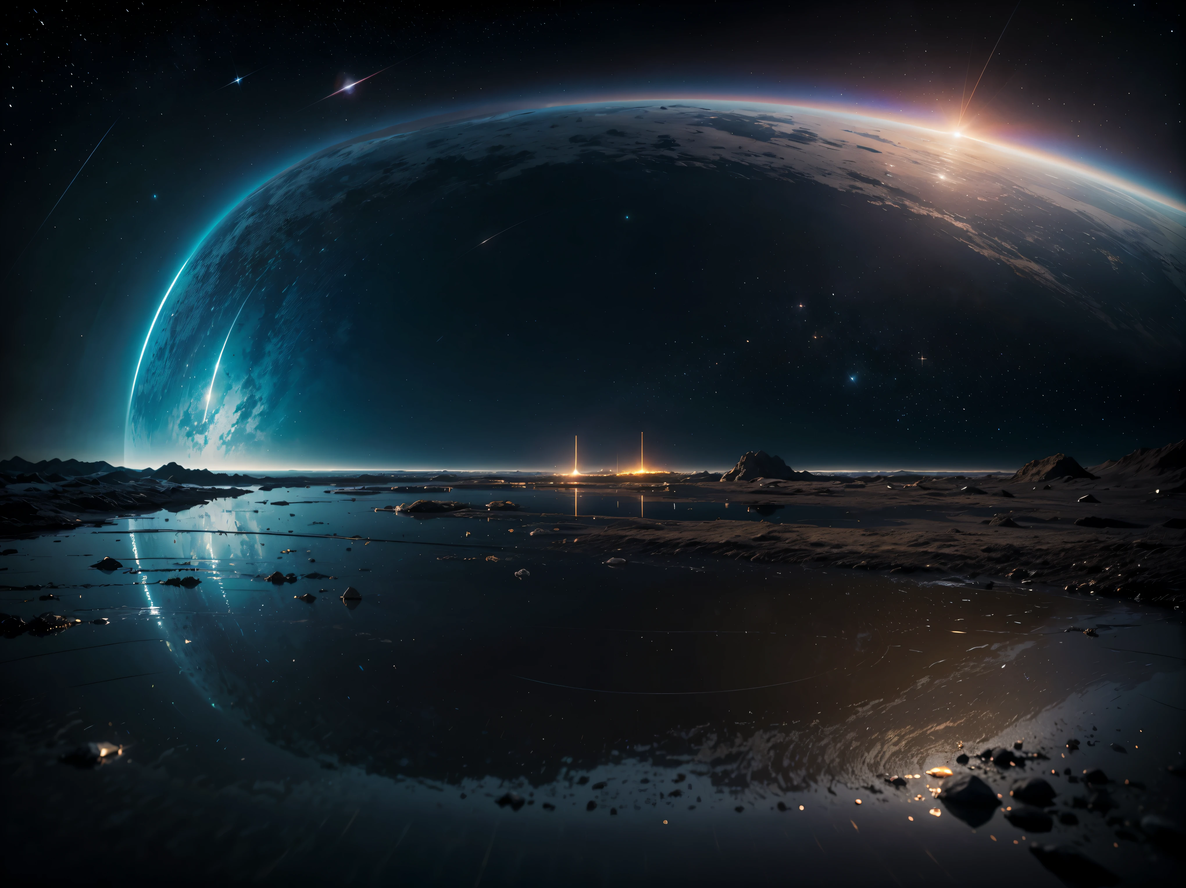 Erzeuge ein Bild, das ein komplexes, realistisches Universum darstellt, durchzogen von atemberaubenden Spiegelungen und verschiedenen Dimensionen. In diesem Universum sollen Galaxien, Sterne und Planeten in lebendigen Farben schweben. Die Spiegelungen auf glatten, shimmering surfaces are intended to create a surreal depth. Integriere verschlungene Pfade, which lead through different dimensions, und lass sie von faszinierenden Lichteffekten begleitet sein. Die Szene soll die Vorstellung von unendlicher Weite und unentdeckten Welten vermitteln, while the reflections and dimensions create visual depth and complexity.