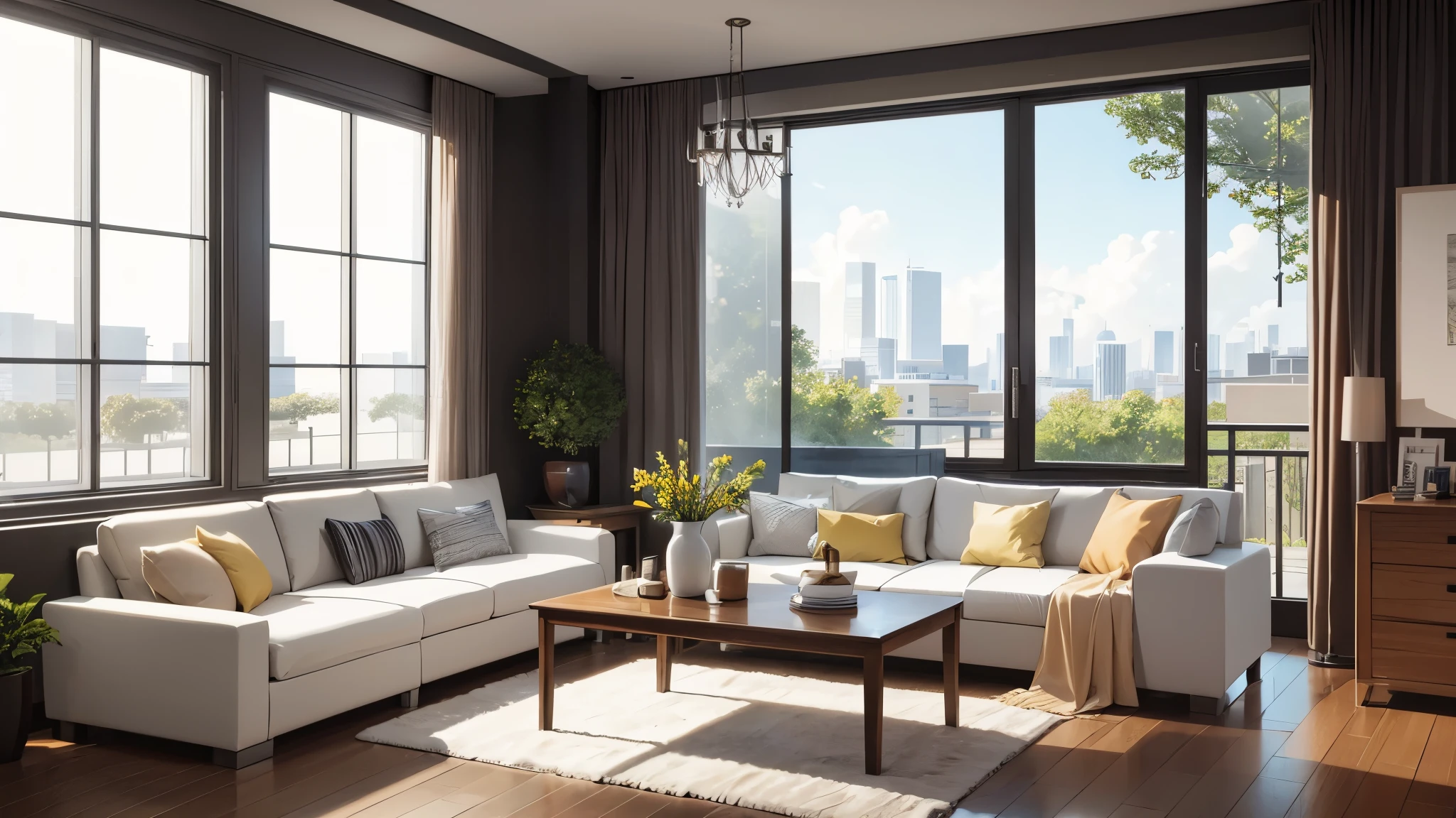 You are a famous interior designer、You have been asked to create a 3D image of a modern large room. Create a harmonious environment with modern and minimalist furniture. Including garden interior.
