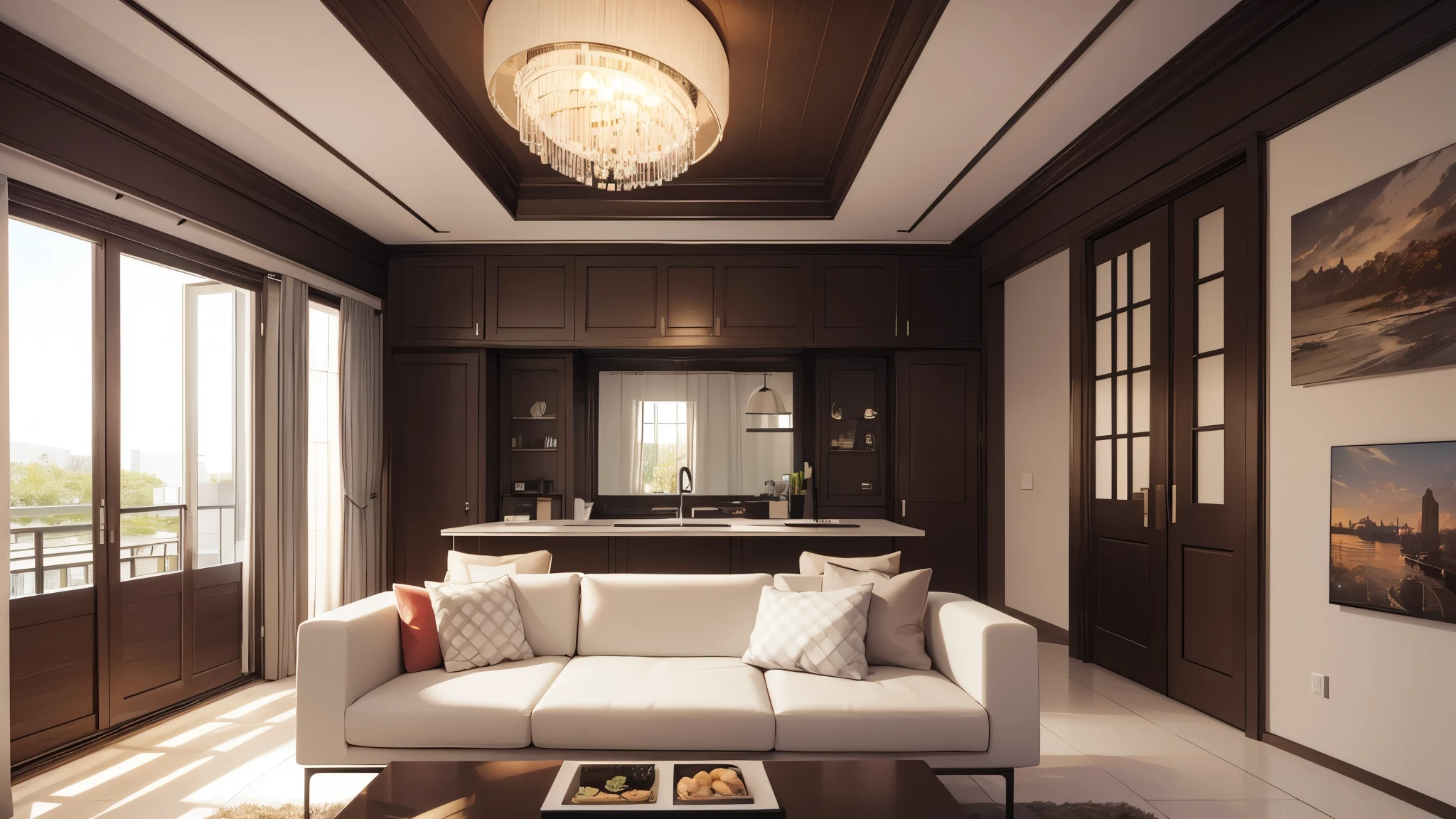 You are a famous interior designer、You have been asked to create a 3D image of a modern large room. Create a harmonious environment with modern and minimalist furniture. Including garden interior.