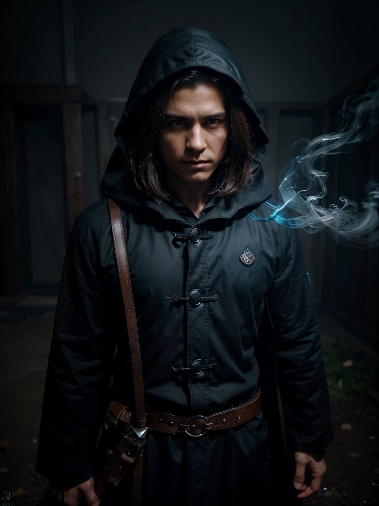 ultra HD 8k best quality,ultra-detailed,realistic:1.37,portrait,dark fantasy,anime,solo leveling,heroic character, one boy,Brown eyes, Brown hair, overcoat with hood, sharp focus,magical powers,mysterious aura,dynamic pose,threatening expression,glowing eyes,demonic presence,grim reaper cloak,detailed armor,enchanted weapon,dark background,eerie lighting,blue color palette,smoke effects,action scene,high contrast,fluid brush strokes,masterpiece:1.2
