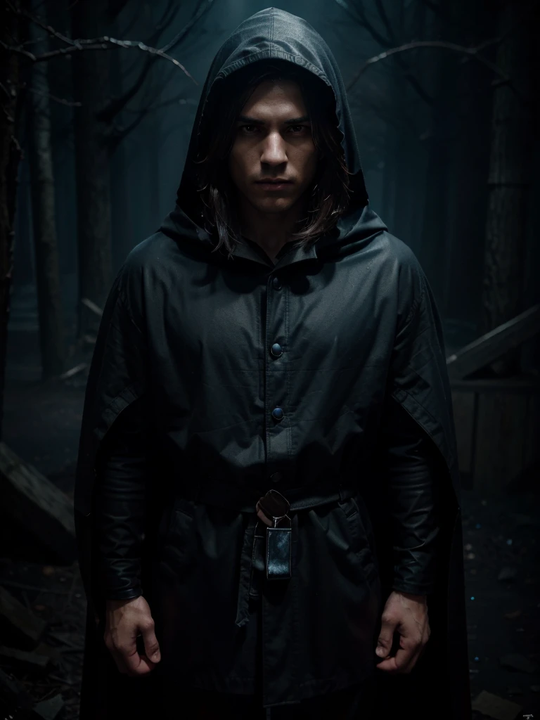 ultra HD 8k best quality,ultra-detailed,realistic:1.37,portrait,dark fantasy,anime,solo leveling,heroic character, one boy,Brown eyes, Brown hair, overcoat with hood, sharp focus,magical powers,mysterious aura,dynamic pose,threatening expression,glowing eyes,demonic presence,grim reaper cloak,detailed armor,enchanted weapon,dark background,eerie lighting,blue color palette,smoke effects,action scene,high contrast,fluid brush strokes,masterpiece:1.2