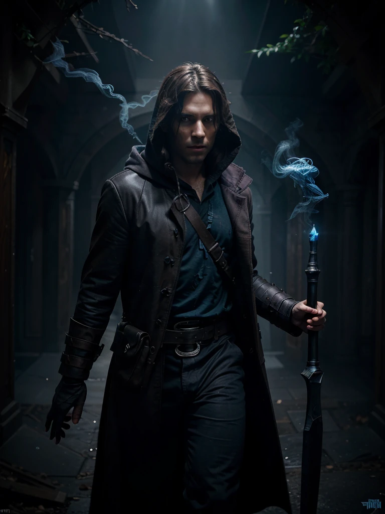 ultra HD 8k best quality,ultra-detailed,realistic:1.37,portrait,dark fantasy,anime,solo leveling,heroic character, one boy,Brown eyes, Brown hair, overcoat with hood, sharp focus,magical powers,mysterious aura,dynamic pose,threatening expression,glowing eyes,demonic presence,grim reaper cloak,detailed armor,enchanted weapon,dark background,eerie lighting,blue color palette,smoke effects,action scene,high contrast,fluid brush strokes,masterpiece:1.2