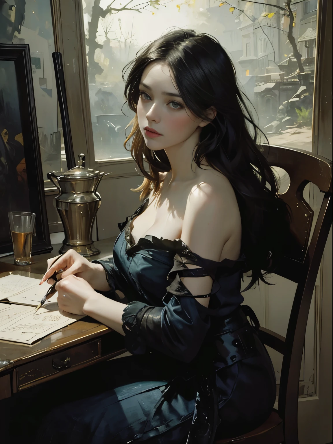 painting of woman, with influence of Jeremy Mann, Jeremy Mann, style of Jeremy Mann, Jeremy Mann painting, Jeremy Mann art, Ron Hicks, Liepke, Jeremy Mann and alphonse mucha, Works that influenced Edmund Blampid, robert lenkiewicz, Casey Baugh and James Jean, Works that influenced Willem Kalf, Nick Alm, tumbler, figurative art, Intense watercolor painting, watercolor detailed art,Beautiful and expressive paintings, Beautiful artwork illustration, wonderful, cool beauty, highest quality,official art, women only, sharp outline, melancholy, nostalgia, nostalgia,Eyes without pupils, color eye, ideal anima, In search of lost time, marcel proust, sentimental, Paris in the first half of the 20th century