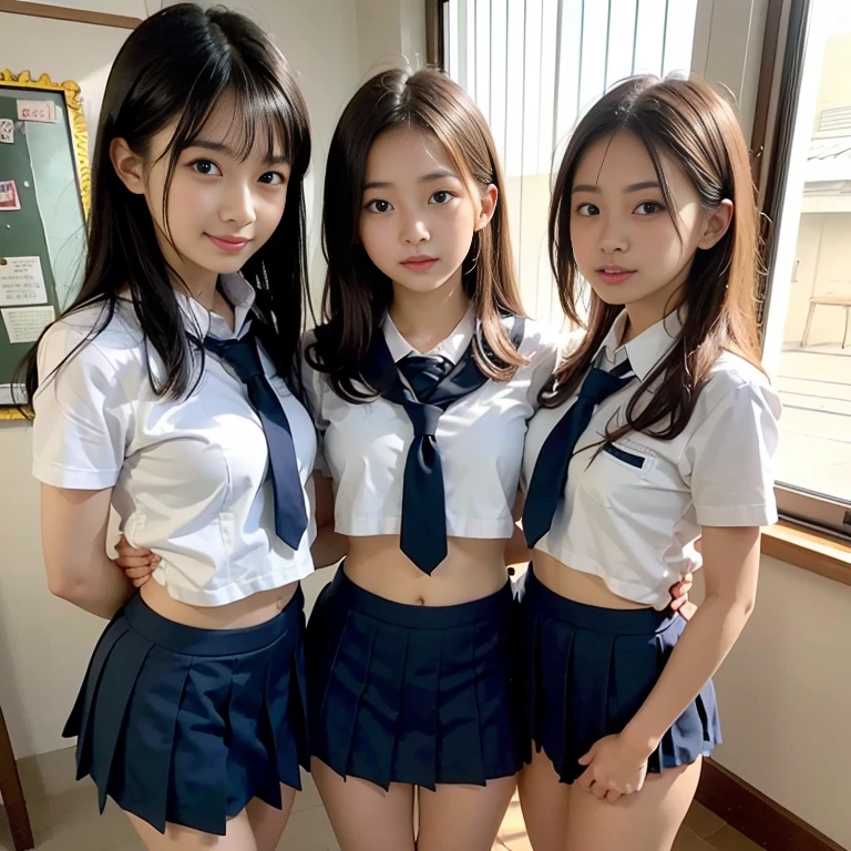 Girls standing in a school classroom,Sailor suit, White shirt,Red plaid bow tie,18-year-old,bangs,Smile a little,Thighs,knees,Low Ponytail,From below,((Voluptuous body),(太いThighs), Butt pose with panties exposed,Big Ass,masterpiece,highest quality,indoor,Normal chest,From the side,Side bust,For 3 people,mini skirt,good,striped pattern panties,,Remember,blush, Japanese Girls, 