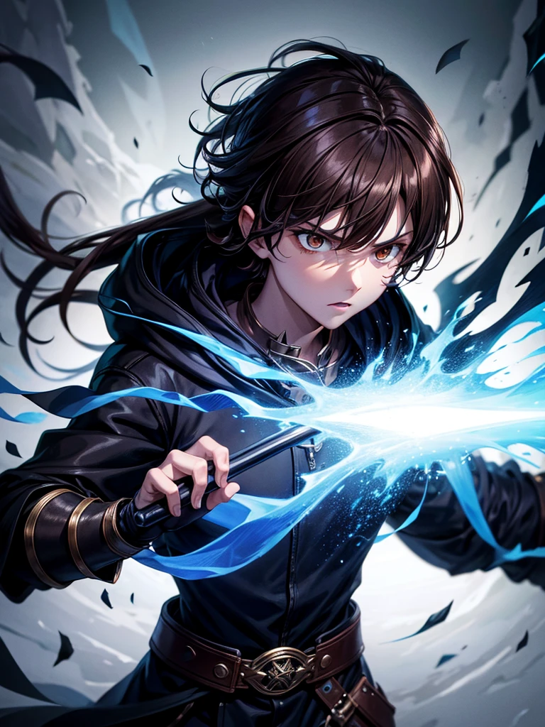 ultra HD 8k best quality,ultra-detailed,realistic:1.37,portrait,dark fantasy,anime,solo leveling,heroic character, one boy,Brown eyes, Brown hair, overcoat with hood, sharp focus,magical powers,mysterious aura,dynamic pose,threatening expression,glowing eyes,demonic presence,grim reaper cloak,detailed armor,enchanted weapon,dark background,eerie lighting,blue color palette,smoke effects,action scene,high contrast,fluid brush strokes,masterpiece:1.2
