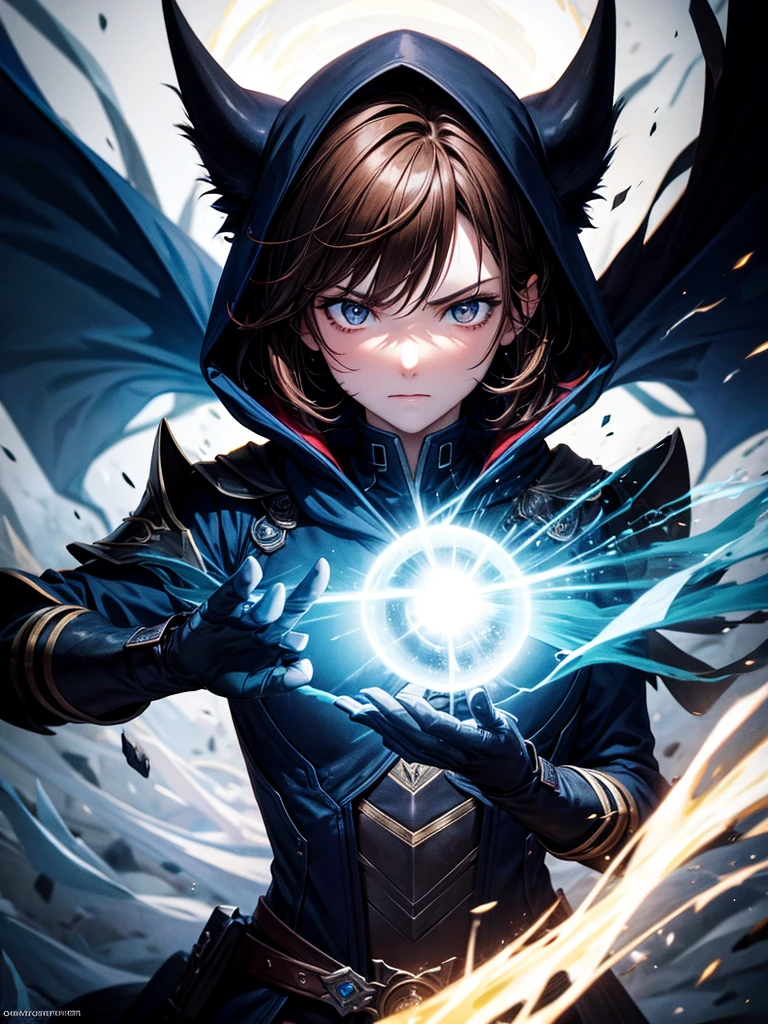 ultra HD 8k best quality,ultra-detailed,realistic:1.37,portrait,dark fantasy,anime,solo leveling,heroic character, one boy,Brown eyes, Brown hair, overcoat with hood, sharp focus,magical powers,mysterious aura,dynamic pose,threatening expression,glowing eyes,demonic presence,grim reaper cloak,detailed armor,enchanted weapon,dark background,eerie lighting,blue color palette,smoke effects,action scene,high contrast,fluid brush strokes,masterpiece:1.2