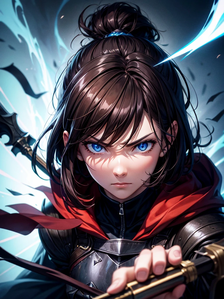 ultra HD 8k best quality,ultra-detailed,realistic:1.37,portrait,dark fantasy,anime,solo leveling,heroic character, one boy,Brown eyes, Brown hair, overcoat with hood, sharp focus,magical powers,mysterious aura,dynamic pose,threatening expression,glowing eyes,demonic presence,grim reaper cloak,detailed armor,enchanted weapon,dark background,eerie lighting,blue color palette,smoke effects,action scene,high contrast,fluid brush strokes,masterpiece:1.2