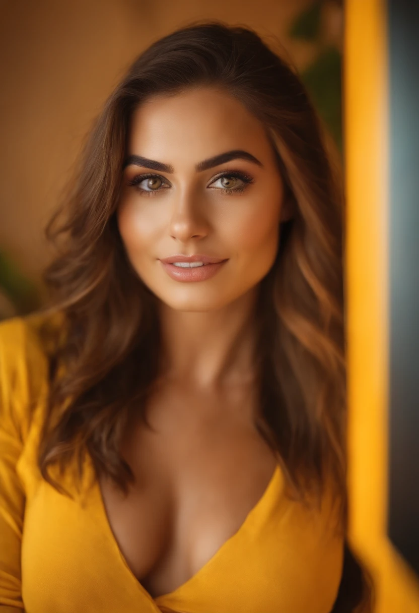 Fille sexy aux yeux marrons, cheveux bruns, selfie d&#39;une jeune femme, débardeur de couleurs jaune, maquillage naturel, regarder directement la caméra, qui chante
