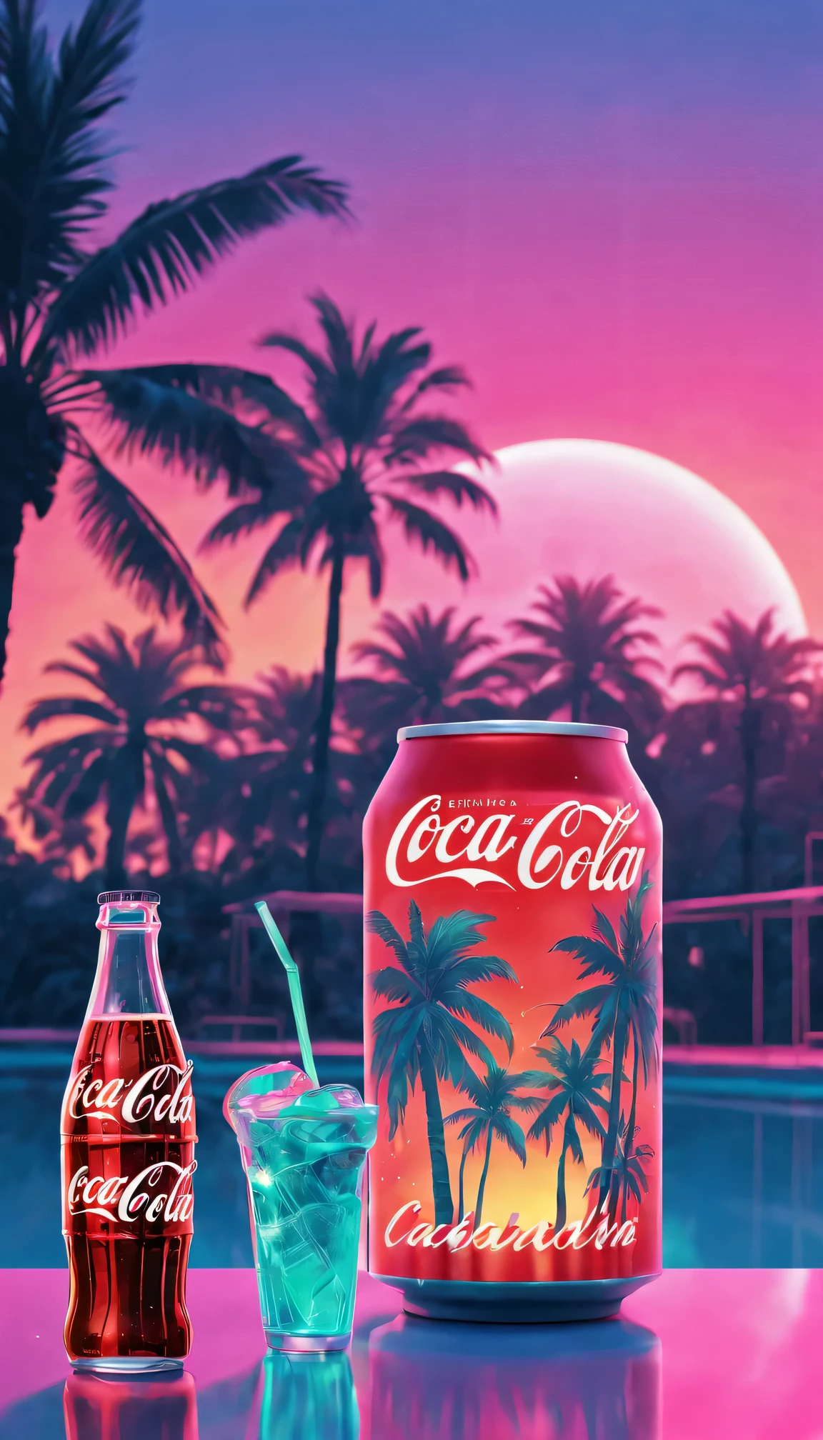 (best quality, high resolution, Super detailed, actual:1.37), Vaporwave aesthetic style Coca-Cola advertisement, 1 girl, Beautiful and delicate eyes,Beautiful and delicate lips,long black hair, wearing a straw hat,80s nostalgia, neon lights, Retro color, Retro CRT effect, Fault art, dreamy atmosphere, Palm tree, Sunset, Summer vibe, 3D rendering graphics, smooth surface, shiny metallic elements, Cyberpunk elements, pixel art, digital nostalgia, Cassette tape, VHS tape, lo-fi music, statuesque model, glass bottle, sparkling soda, Refreshing drink, tropical paradise, futuristic font, aesthetic vision.