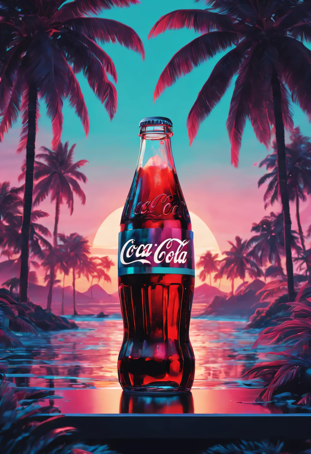 (best quality, high resolution, Super detailed, actual:1.37), Vaporwave aesthetic style Coca-Cola advertisement, 1 girl, Beautiful and delicate eyes,Beautiful and delicate lips,long black hair, wearing a straw hat,80s nostalgia, neon lights, Retro color, Retro CRT effect, Fault art, dreamy atmosphere, Palm tree, Sunset, Summer vibe, 3D rendering graphics, smooth surface, shiny metallic elements, Cyberpunk elements, pixel art, digital nostalgia, Cassette tape, VHS tape, lo-fi music, statuesque model, glass bottle, sparkling soda, Refreshing drink, tropical paradise, futuristic font, aesthetic vision.