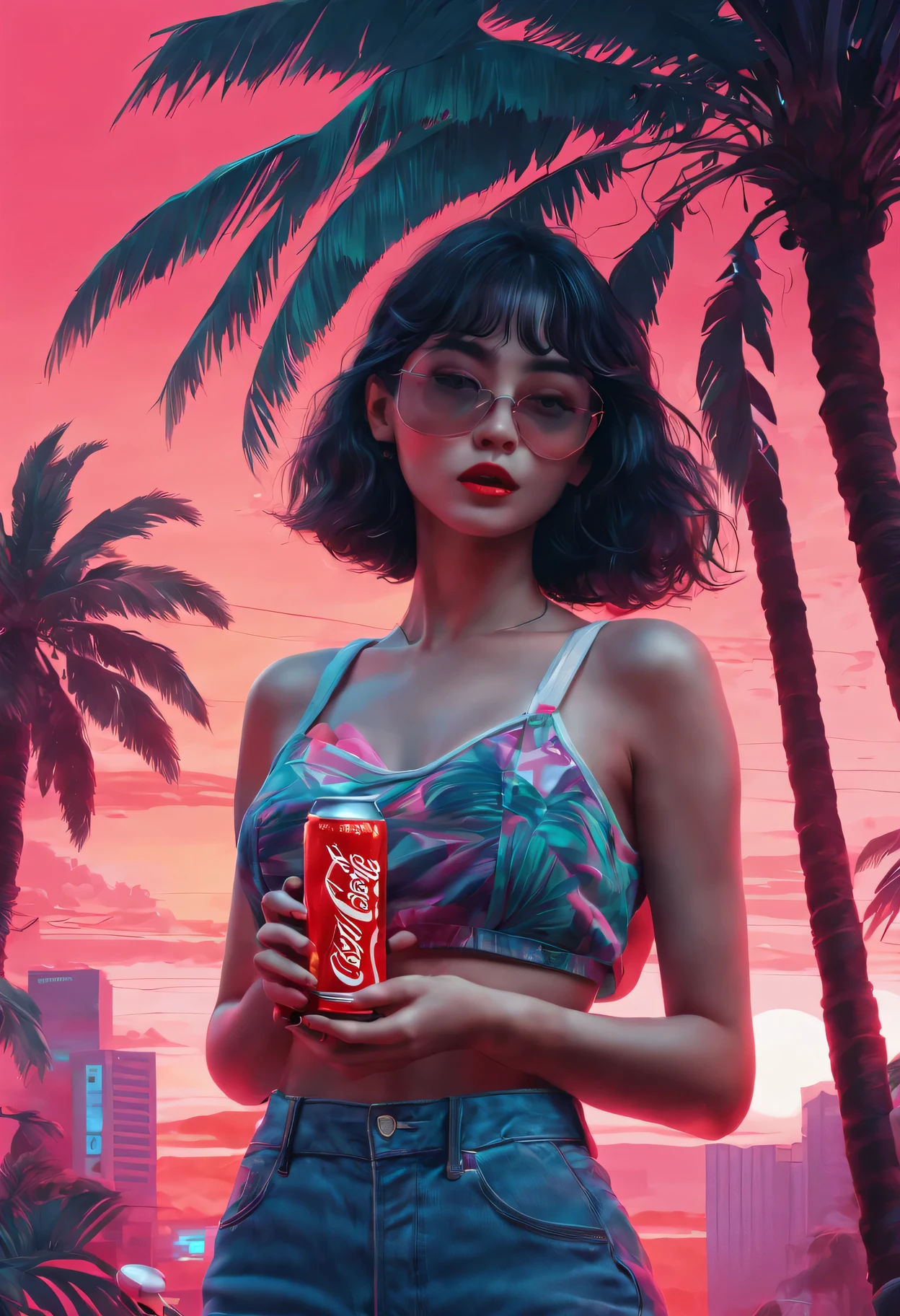 beautiful voluptuous woman, long curly shiny black hair with pink tips, fringe, yellow eyes, eyer liner ?????, iridescent black lips, colorful tattoo, mischievous smile with a beautiful white swimsuit a beautiful shiny necklace with the name of "World" drinking coffee by a beautiful pool with a beautiful sunrise