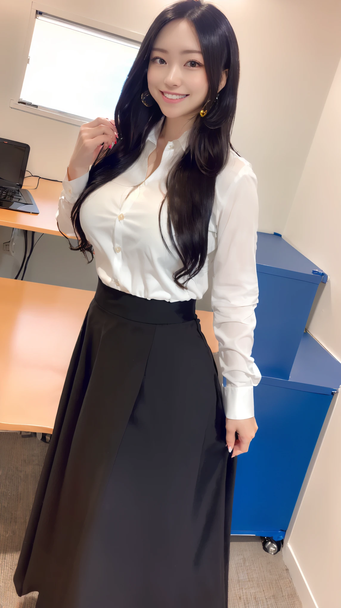 (8K、ultra high resolution、highest quality、masterpiece、realistic、ultra high resolution)、(big breasts、Always wear a white shirt、Always wear a long skirt:1.28)(Walking around the office district during the day、Must have long black hair:1.18)japanese woman、cute smile、high heels