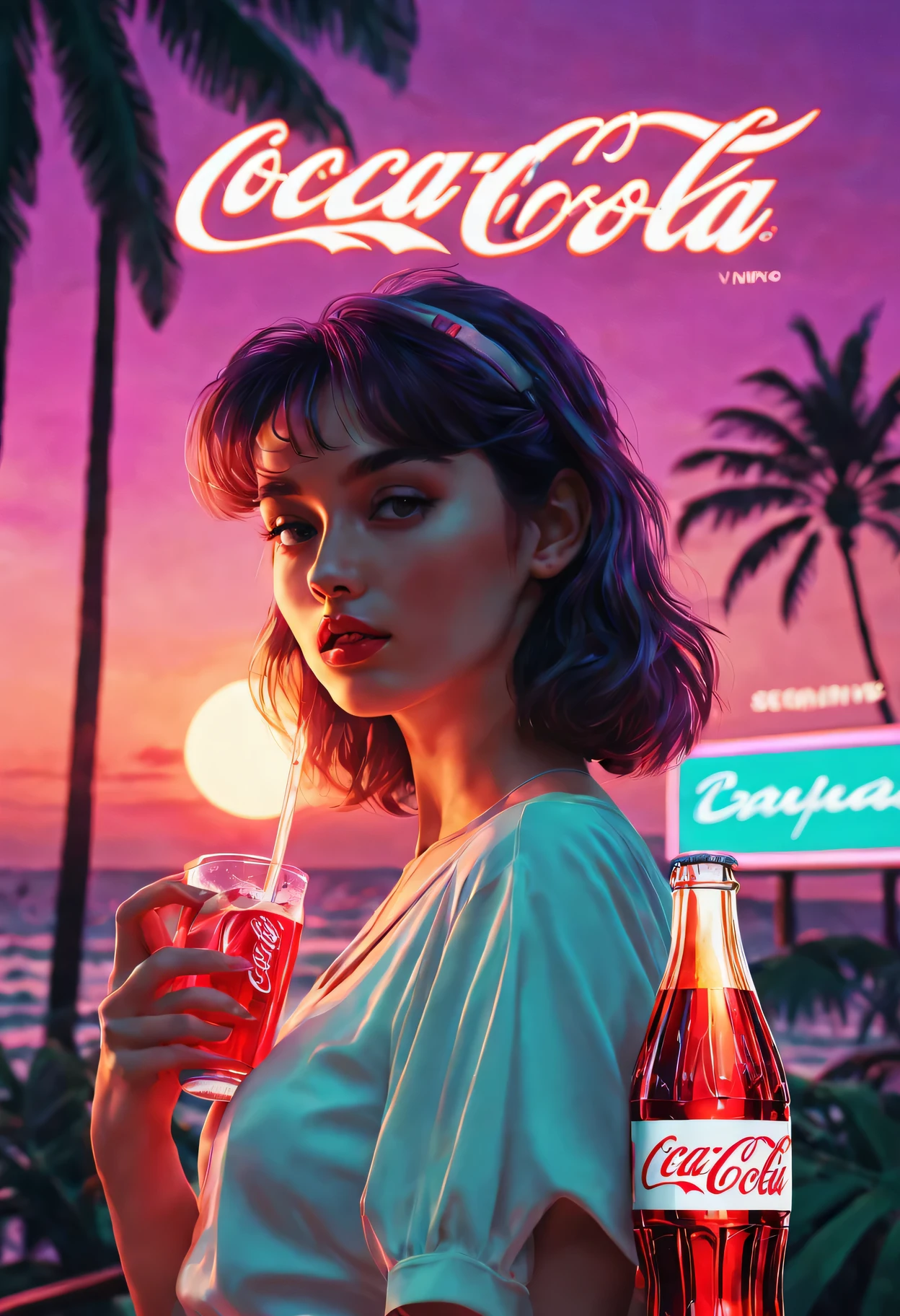 (best quality, high resolution, Super detailed, actual:1.37), Vaporwave aesthetic style Coca-Cola advertisement, 1 girl, Beautiful and delicate eyes,Beautiful and delicate lips,long black hair, wearing a straw hat,80s nostalgia, neon lights, Retro color, Retro CRT effect, Fault art, dreamy atmosphere, Palm tree, Sunset, Summer vibe, 3D rendering graphics, smooth surface, shiny metallic elements, Cyberpunk elements, pixel art, digital nostalgia, Cassette tape, VHS tape, lo-fi music, statuesque model, glass bottle, sparkling soda, Refreshing drink, tropical paradise, futuristic font, aesthetic vision.