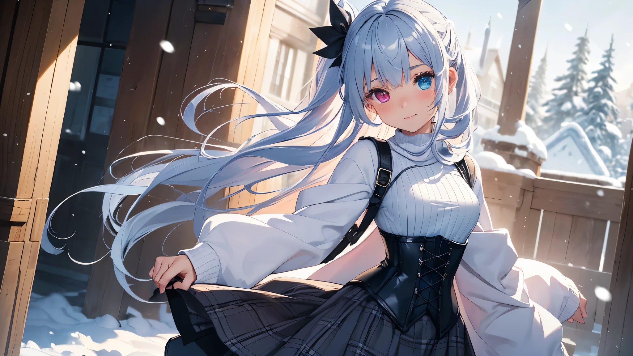 highest quality、photorealistic、super detail、delicate、orderly、high detail、bluish silver ponytail、(droopy iris of heterochromia,glowing eyes:1.4)、、10 years old、big smile、slender、full body、blurred background、(1 girl:1.2)、game CG、dynamic angle、ambient occlusion、ambient light、raytraced reflections、glow、shining hair、(The girl is pointing here、girl in the snow,white high neck sweater、navy check corset skirt、wool coat、black tights、black boots、girly fashion:1.3)