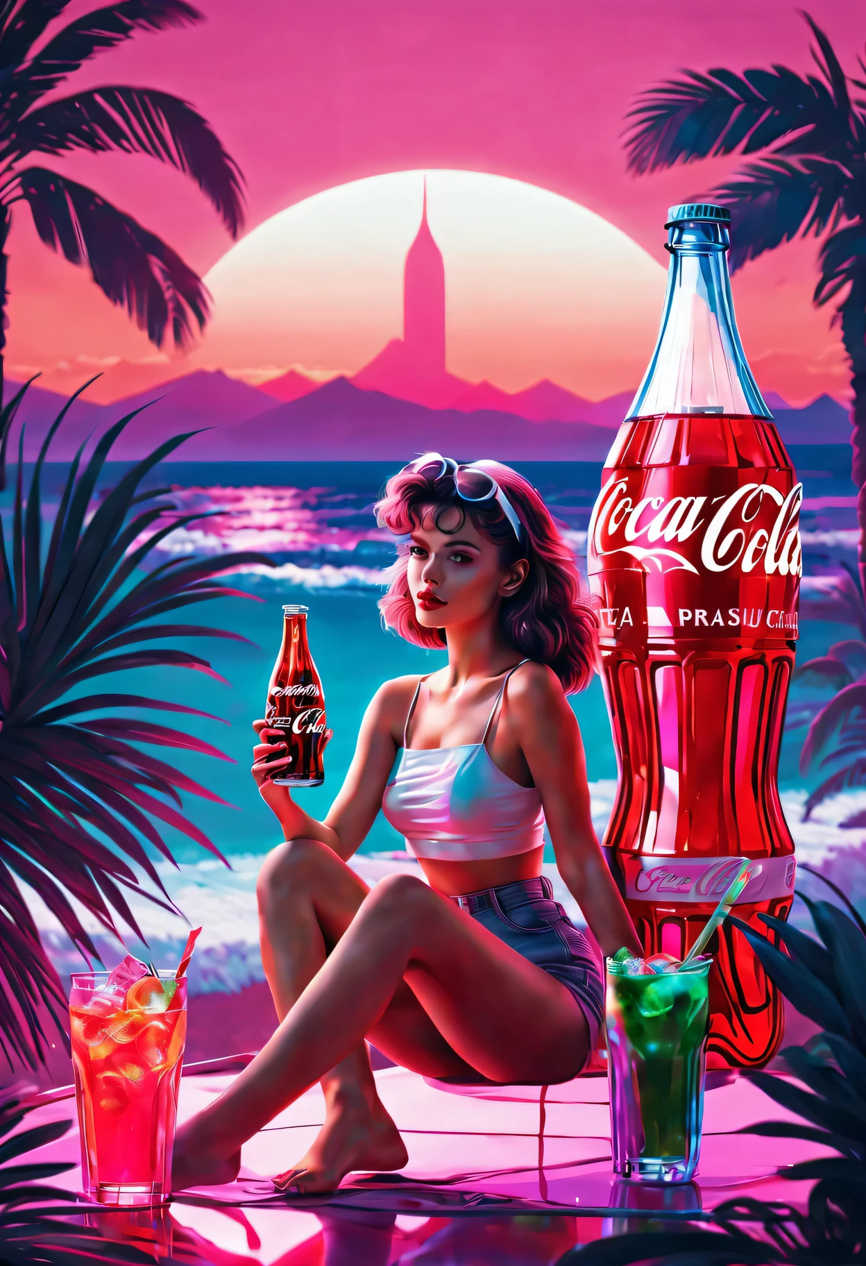 (best quality, high resolution, Super detailed, actual:1.37), Vaporwave aesthetic style Coca-Cola advertisement, 1 girl, 80s nostalgia, neon lights, Retro color, Retro CRT effect, Fault art, dreamy atmosphere, Palm tree, Sunset, Summer vibe, 3D rendering graphics, smooth surface, shiny metallic elements, Cyberpunk elements, pixel art, digital nostalgia, Cassette tape, VHS tape, lo-fi music, statuesque model, glass bottle, sparkling soda, Refreshing drink, tropical paradise, futuristic font, aesthetic vision.