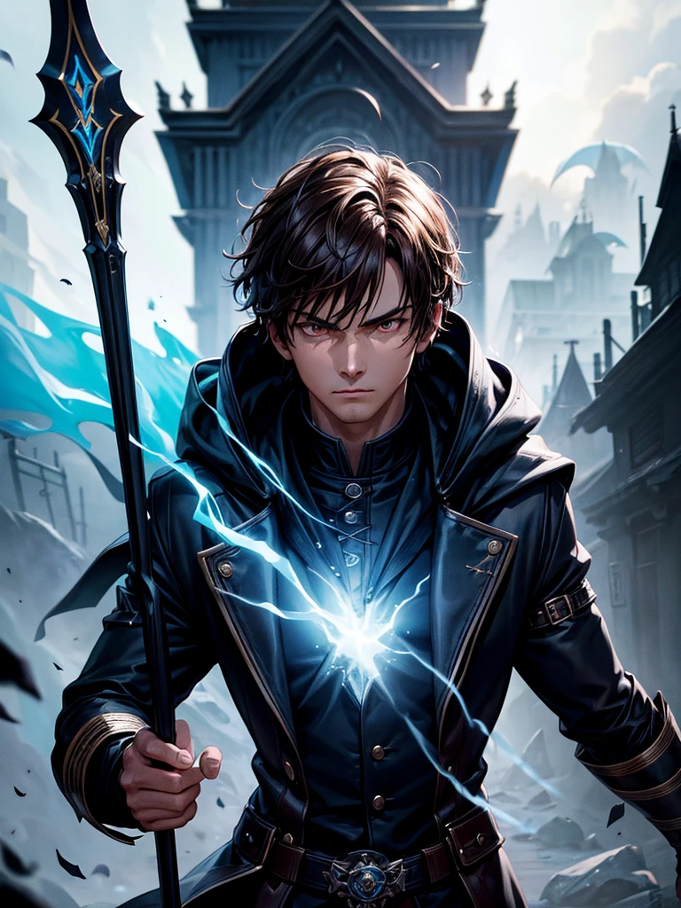ultra HD 8k best quality,ultra-detailed,realistic:1.37,portrait,dark fantasy,anime,solo leveling,heroic character, one boy,Brown eyes, Brown hair, overcoat with hood, sharp focus,magical powers,mysterious aura,dynamic pose,threatening expression,glowing eyes,demonic presence,grim reaper cloak,detailed armor,enchanted weapon,dark background,eerie lighting,blue color palette,smoke effects,action scene,high contrast,fluid brush strokes,masterpiece:1.2