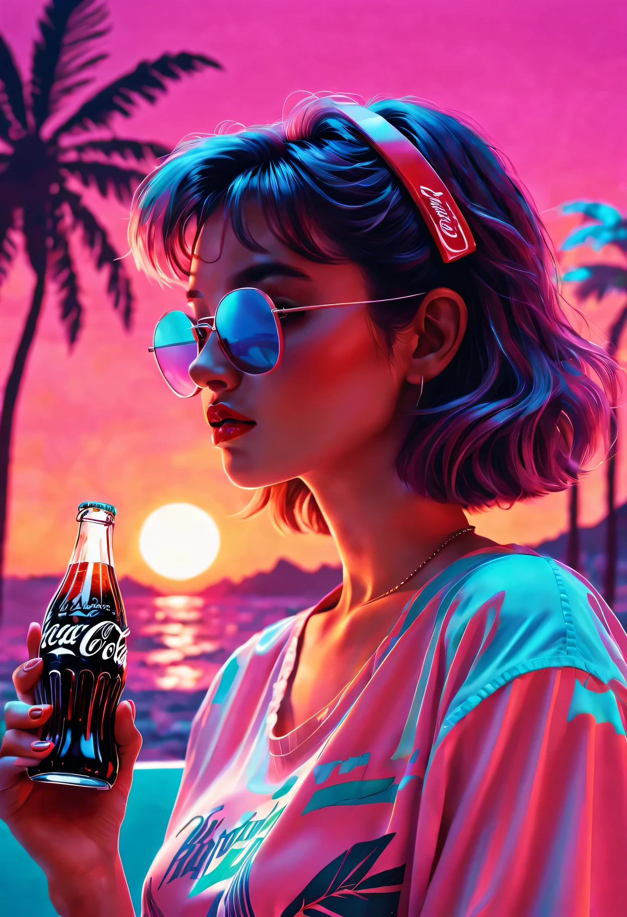 (best quality, high resolution, Super detailed, actual:1.37), Vaporwave aesthetic style Coca-Cola advertisement, 1 girl, 80s nostalgia, neon lights, Retro color, Retro CRT effect, Fault art, dreamy atmosphere, Palm tree, Sunset, Summer vibe, 3D rendering graphics, smooth surface, shiny metallic elements, Cyberpunk elements, pixel art, digital nostalgia, Cassette tape, VHS tape, lo-fi music, statuesque model, glass bottle, sparkling soda, Refreshing drink, tropical paradise, futuristic font, aesthetic vision.